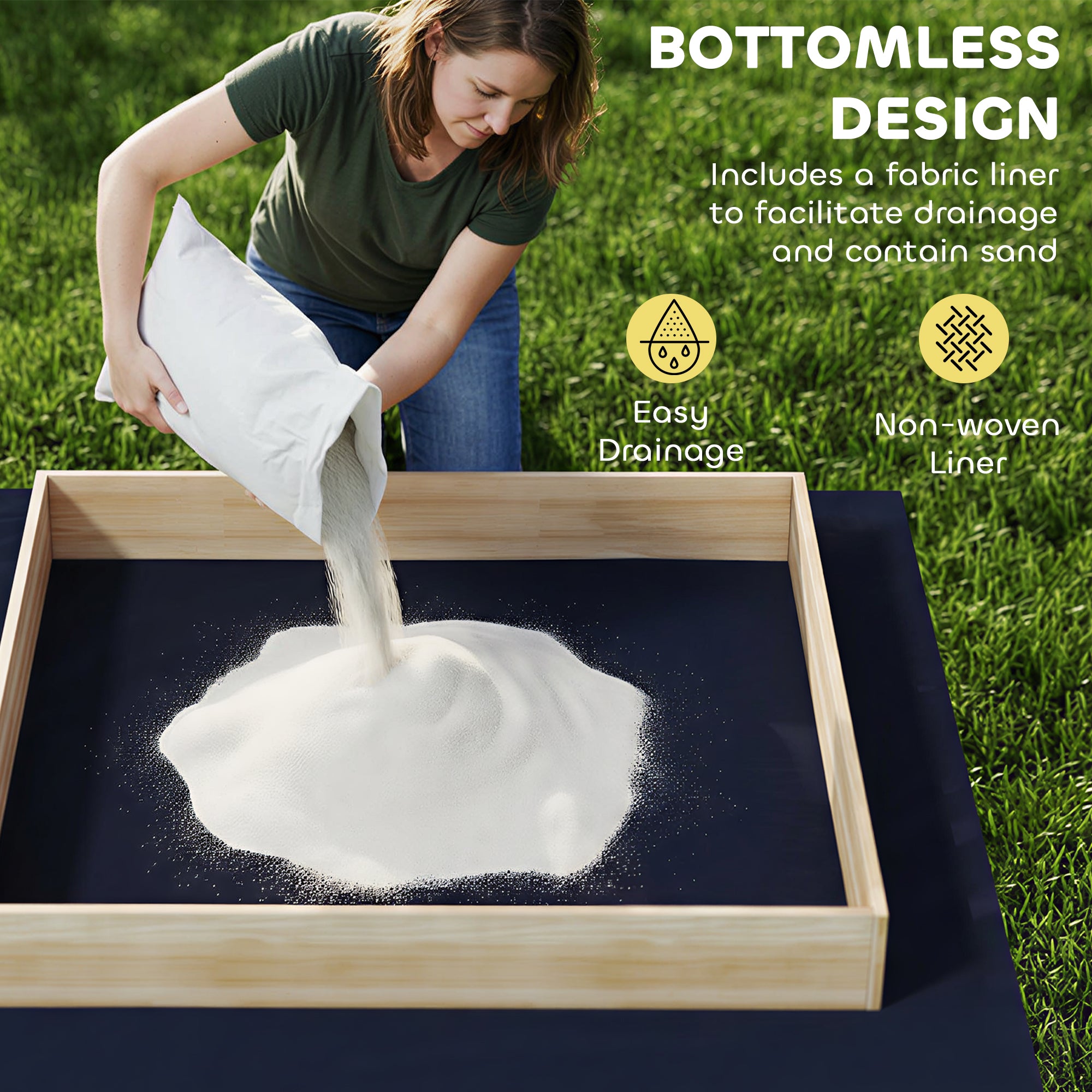 Wooden Sandbox with Digger, Kids Sandbox with 360° Rotating Seat & Bottom Liner, 72" x 35" x 22"