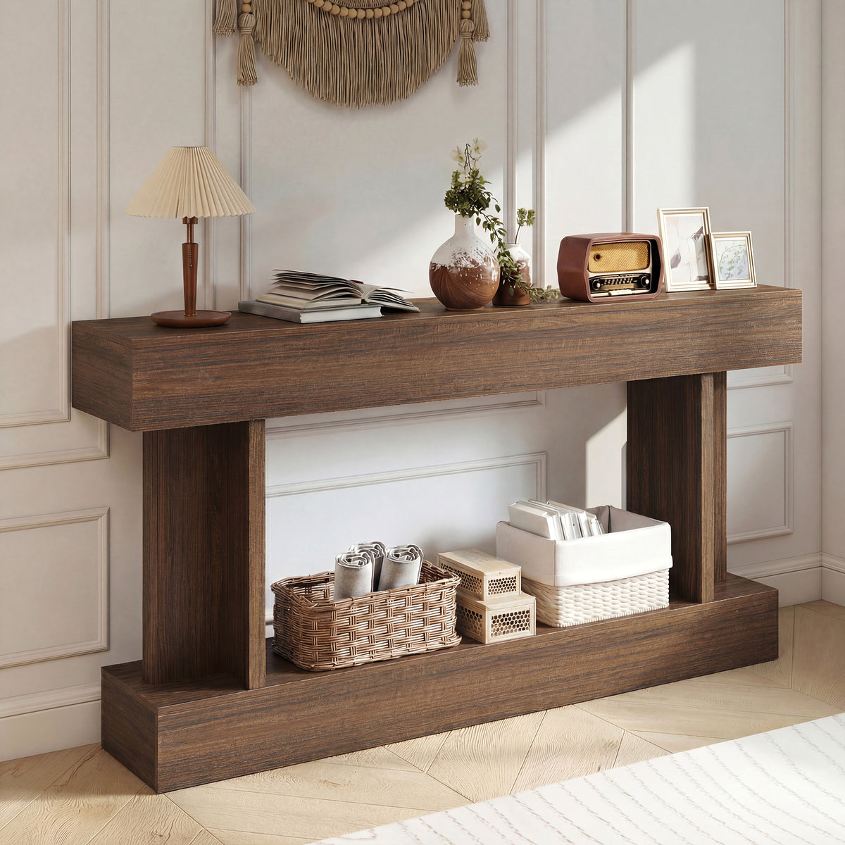 63 Inch Long Console Table, Vintage Narrow Entryway Table with Storage Shelf for Living Room and Hallway, Brown