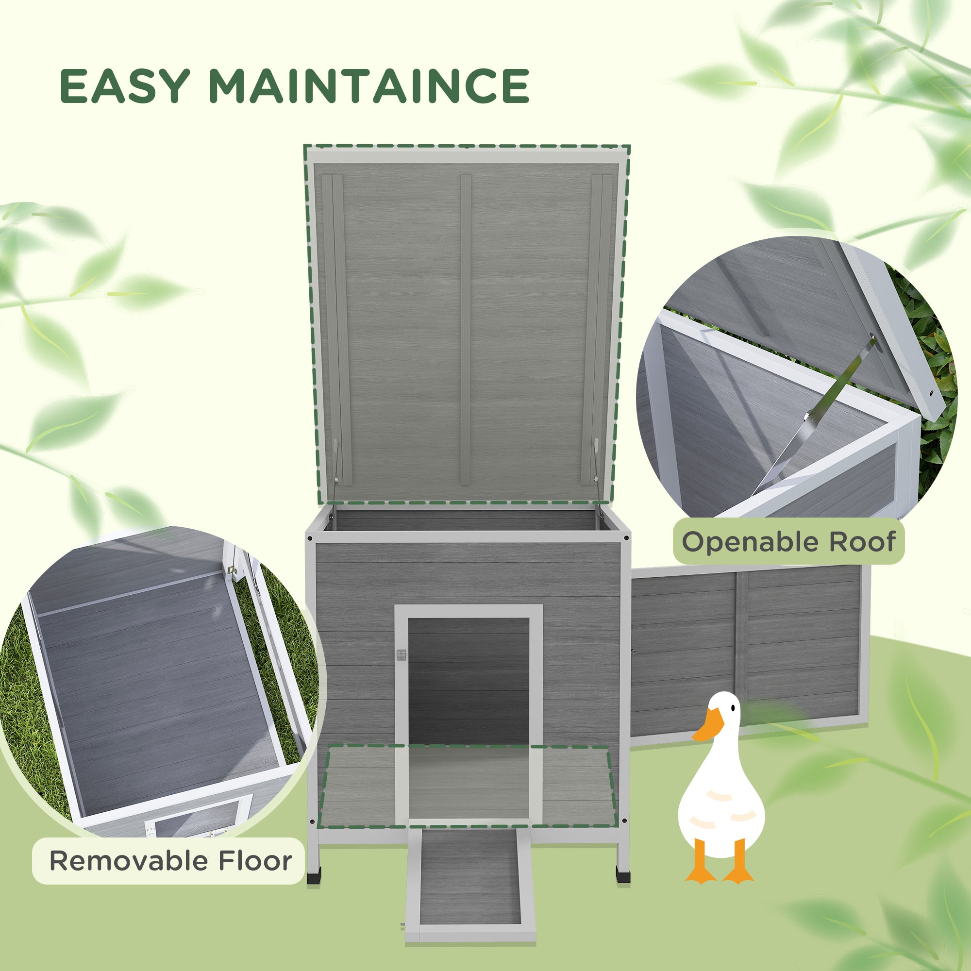 Wooden Duck Coop with Openable Roof, Removable Floor, Double Doors, Ramp, for 2-4 Ducks, Chickens, 25" x 32" x 30" - Light Gray - Image 4