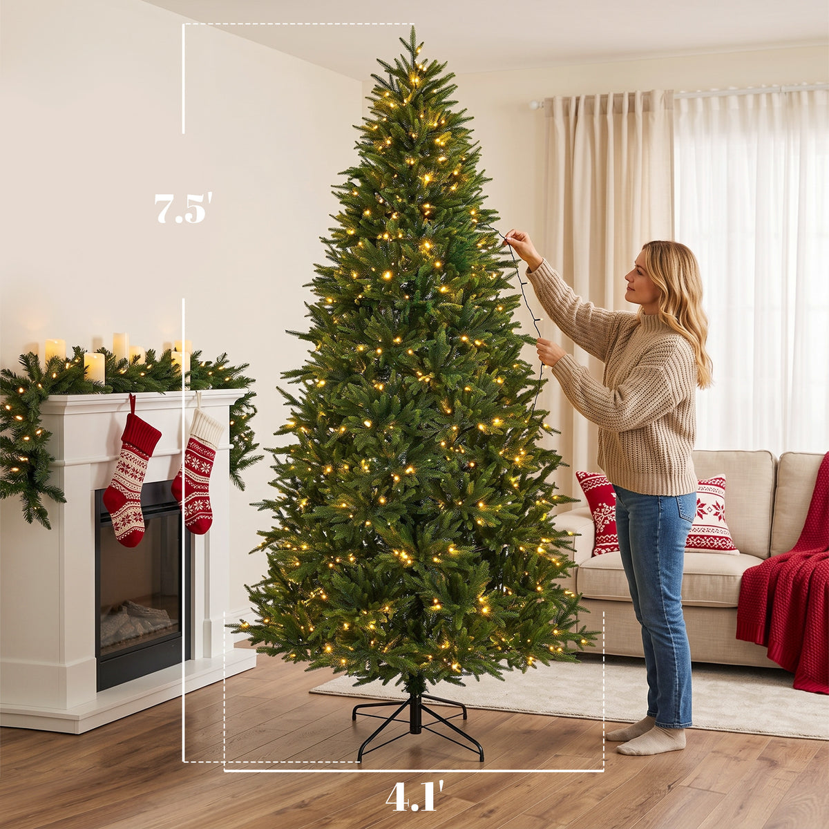 7.5ft Prelit Christmas Tree with Dual-Color LEDs, All Realistic Tips, Hinged Xmas Nordmann Fir with 11 Modes, Remote