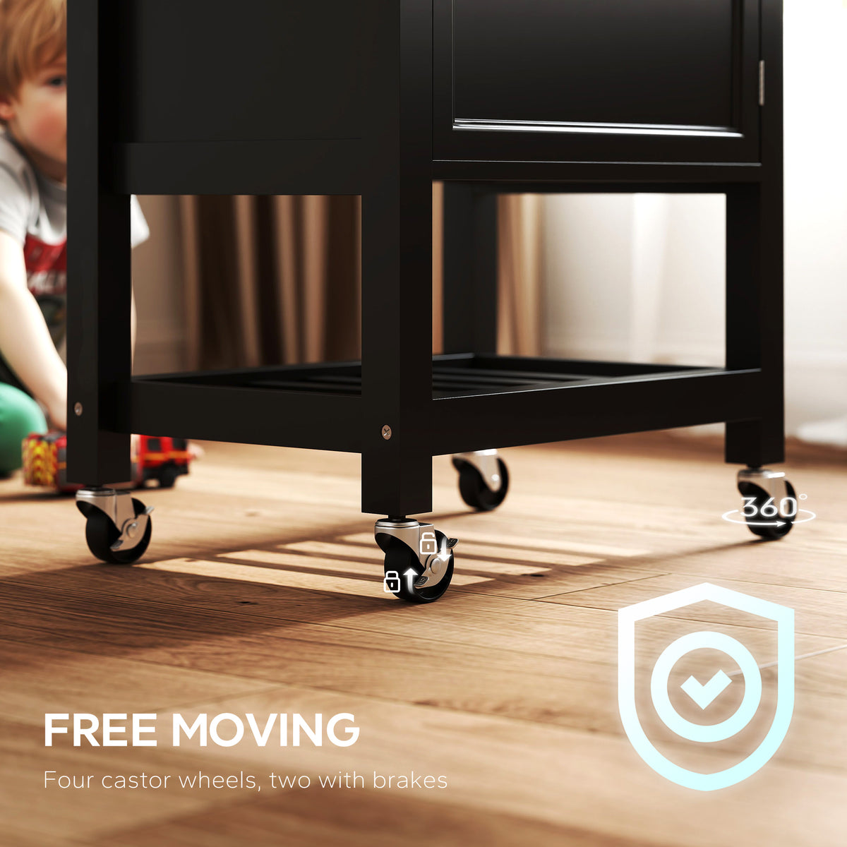 Kitchen Island on Wheels, Rolling Kitchen Cart with Rubberwood Top, Drawer, Wine Rack and Cabinet, Black