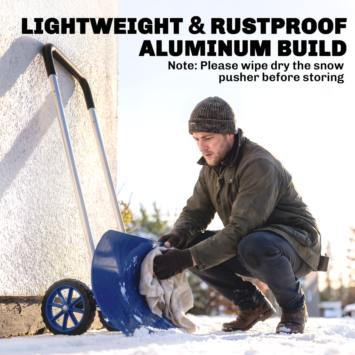 37-Inch Extra Wide Snow Shovel with Wheels, Heavy Duty Aluminum Snow Pusher with Ergonomic Adjustable Handle, Blue