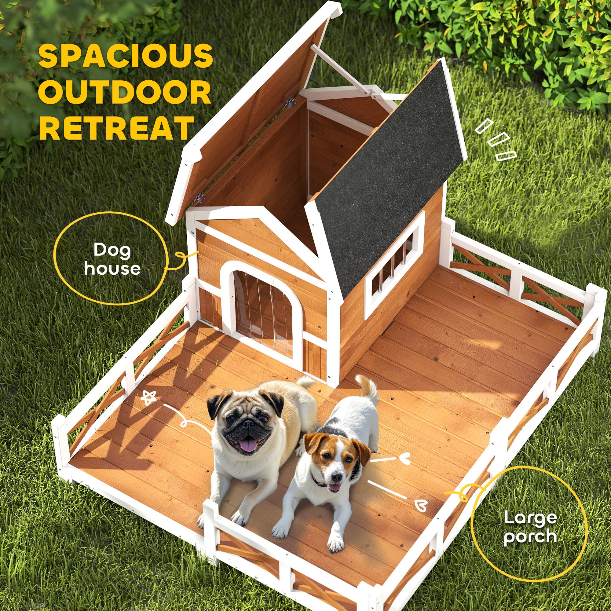 Outdoor Wooden Dog House, Dog Shelter with Large Porch, Weatherproof & Openable Roof, Elevated Base, Removable Floor - Orange - Image 4