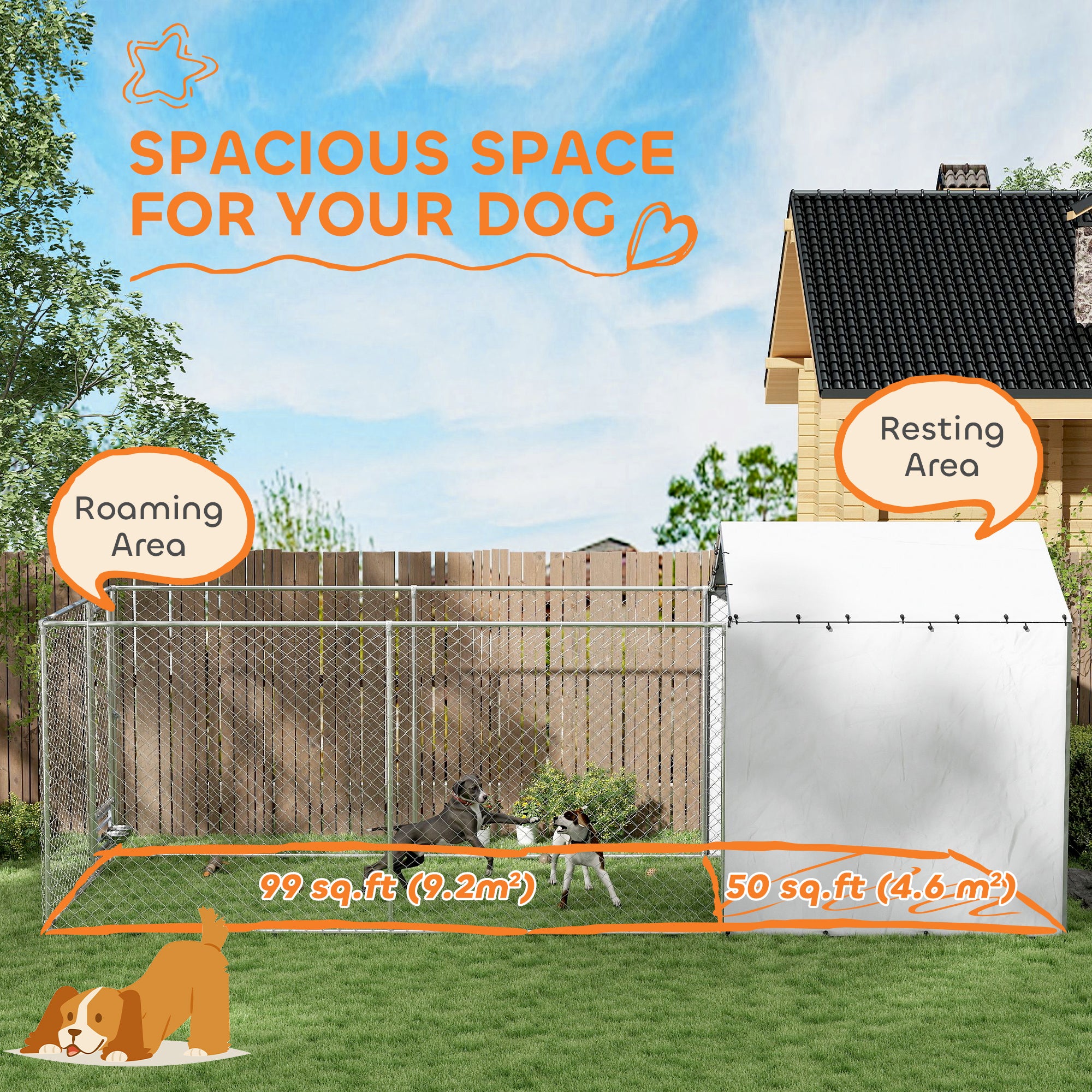 Galvanized Chain Link Large Outdoor Dog Kennel with Waterproof & UV-Resistant Cover, for M&L Dogs, 19.7' x 7.5' x 7.5' - Silver - Image 4