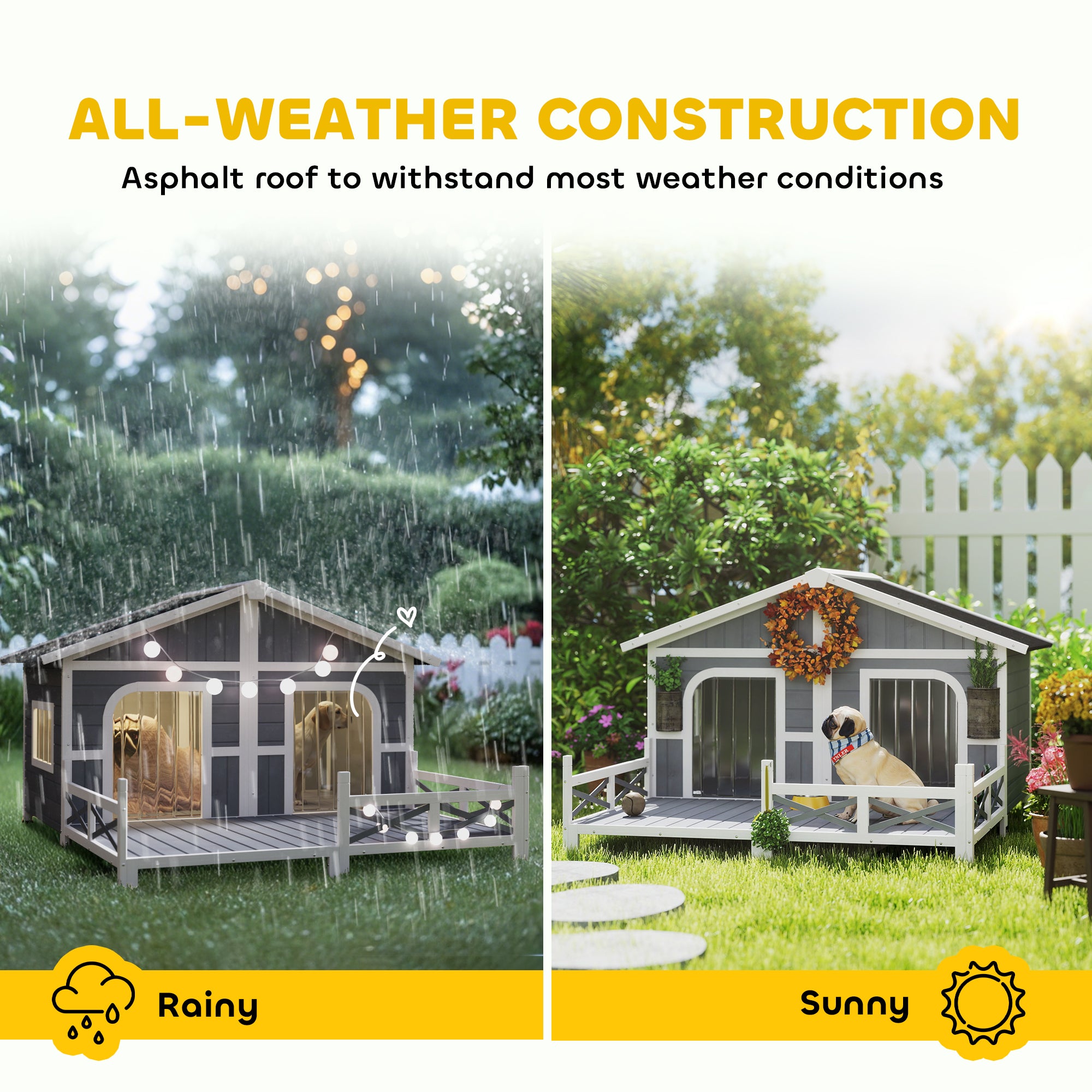 Dog House Outdoor, Wooden Dog Kennel Weatherproof with Porch, Openable Roof, Removable Bottom, Elevated Floor, Double Room for 2 Small to Medium Breeds, Gray - Grey - Image 5