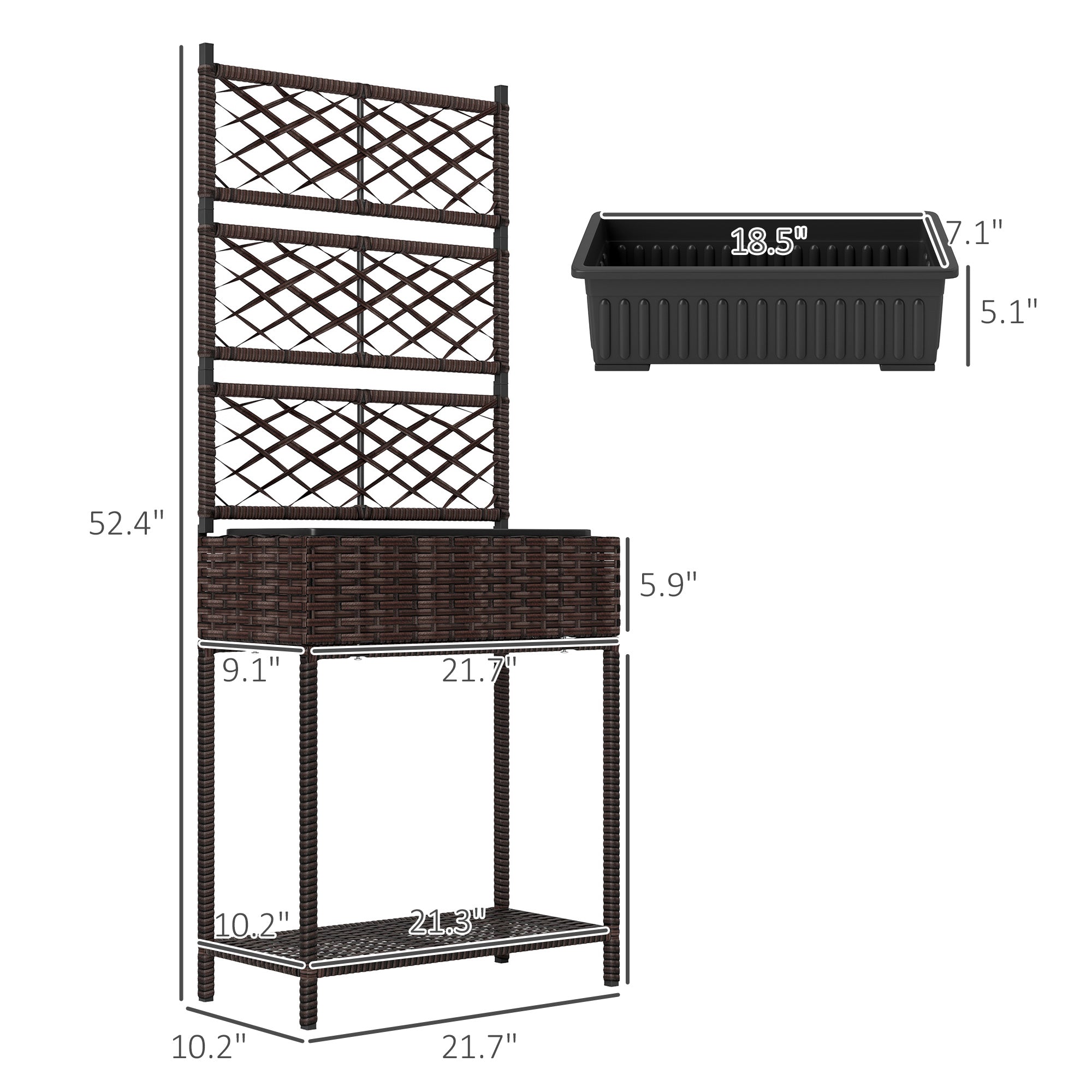 Outdoor Wicker Planter with Trellis for Climbing Plants, Freestanding Rattan Garden Box with Storage Shelf, Brown - Brown - Image 3