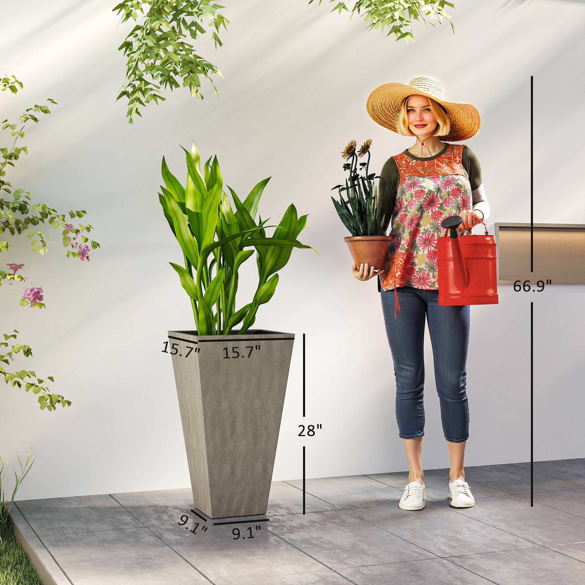 Tall Planters for Outdoor Plants Set of 3, 28 In Taper Planters with Drainage Holes, Indoor Grande Plant Pots, Front Porch Decor, Grey - Grey - Image 3