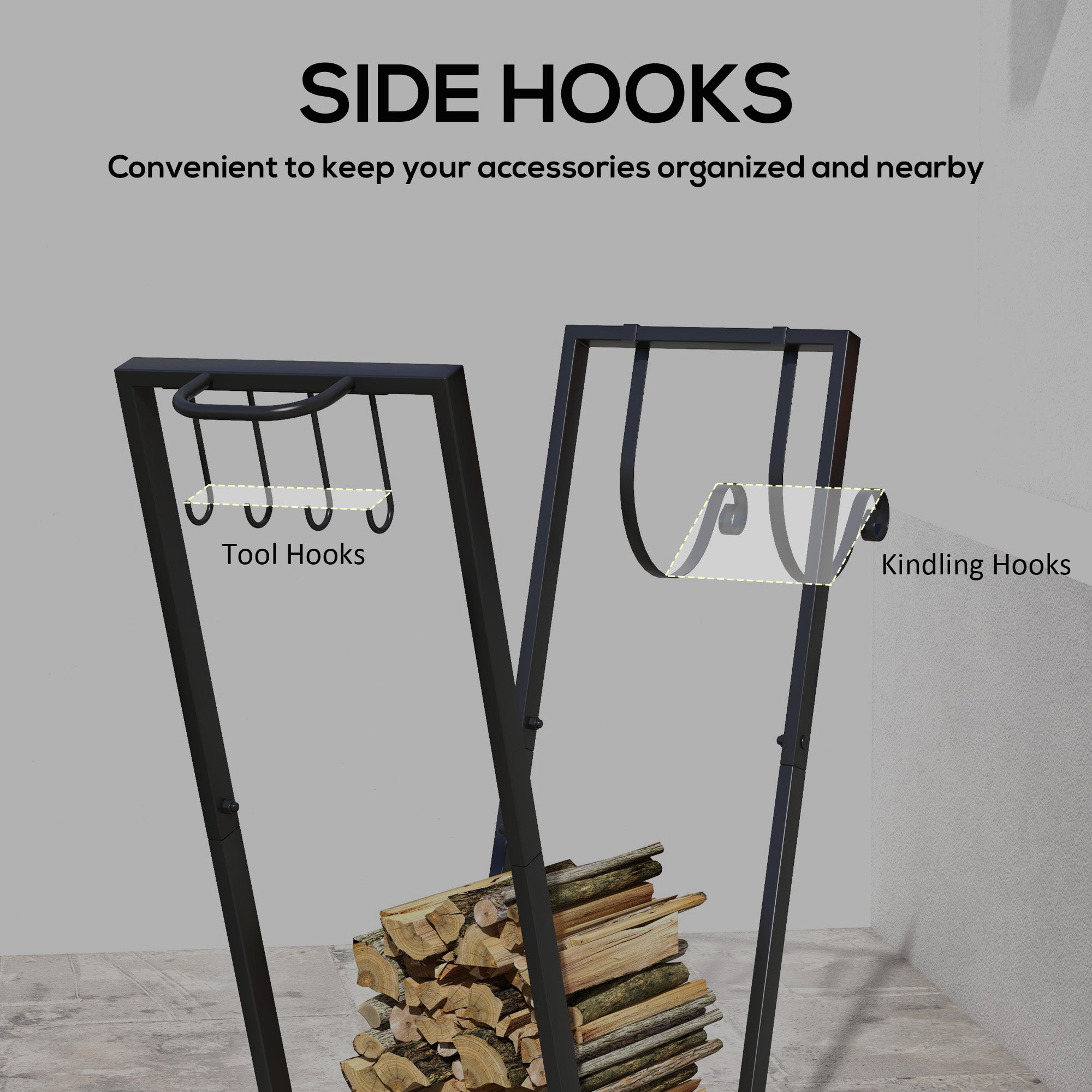 Firewood Rack with Wheels, Metal Log Holder with Kindling and Tool Hooks, Indoor/Outdoor, 31.1" x 11.8" x 31.9", Black