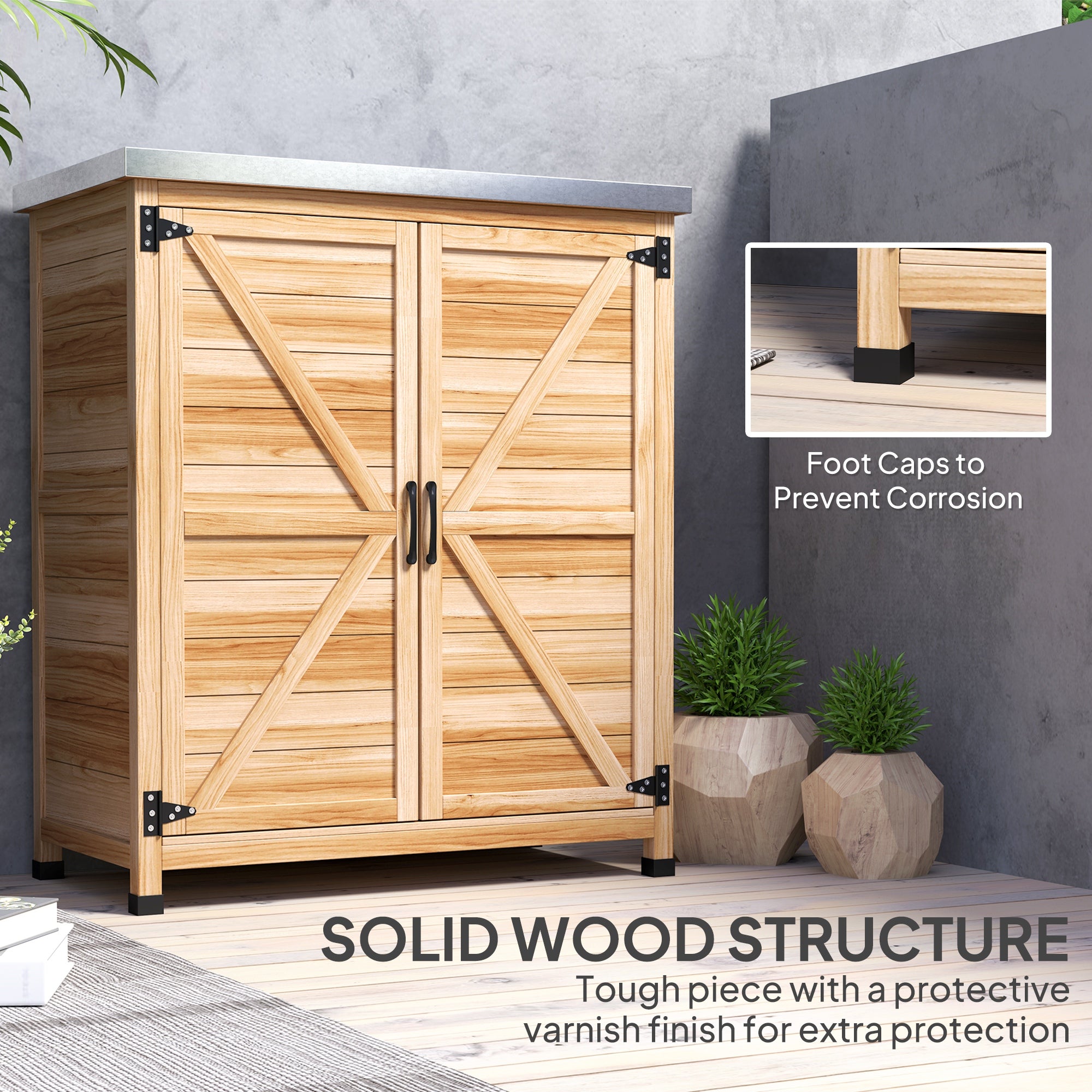 Wooden Storage Cabinet, Outdoor Prep Table w/ Metal Tabletop, Shelves and Double Doors for Patio, Garden, Natural Wood - Natural Wood - Image 7