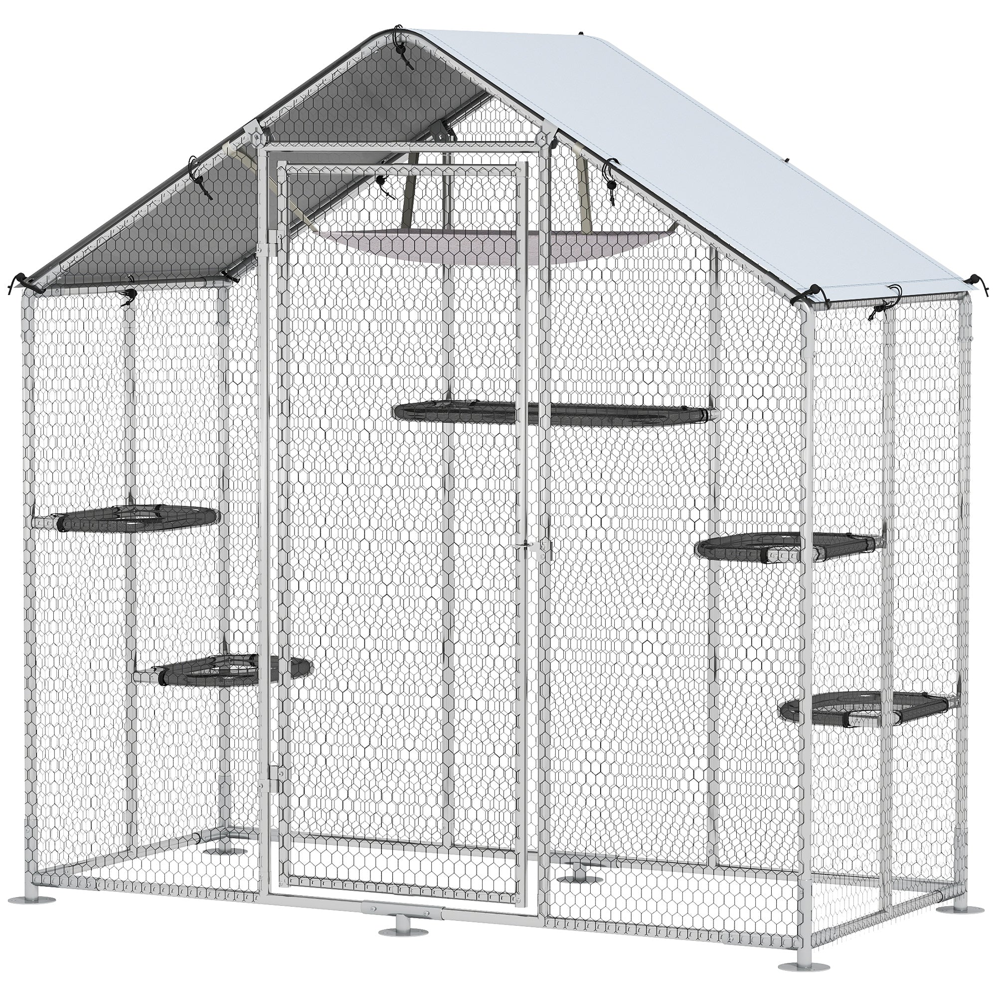 Large Catio Outdoor Cat Enclosure with Waterproof Cover, Walk-in Cat Patio w/ 5 Adjustable Platforms & Hammock - Silver