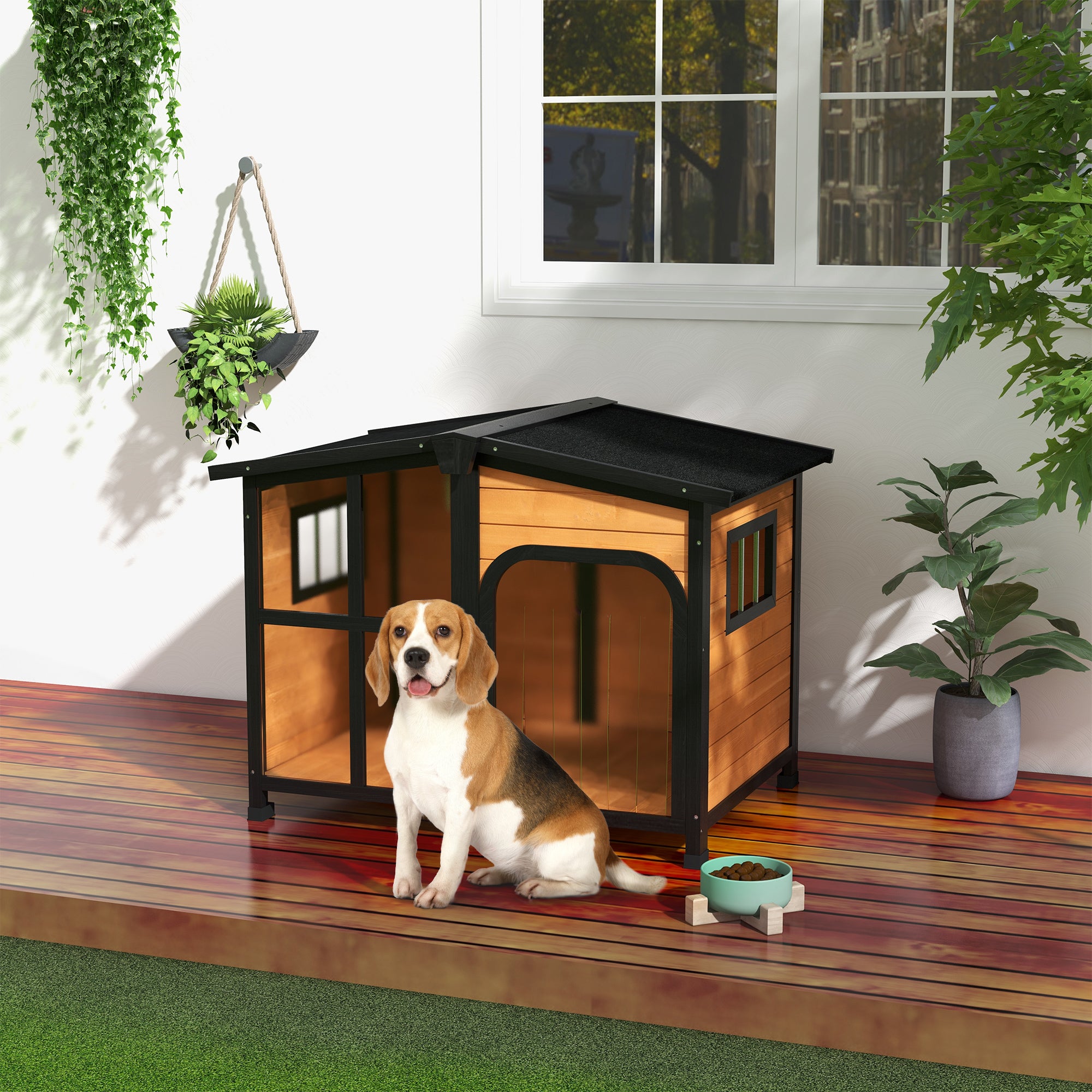 Cabin-Style Wooden Dog House for Large Dogs with Openable Roof & Giant Window, Yellow - Yellow - Image 2
