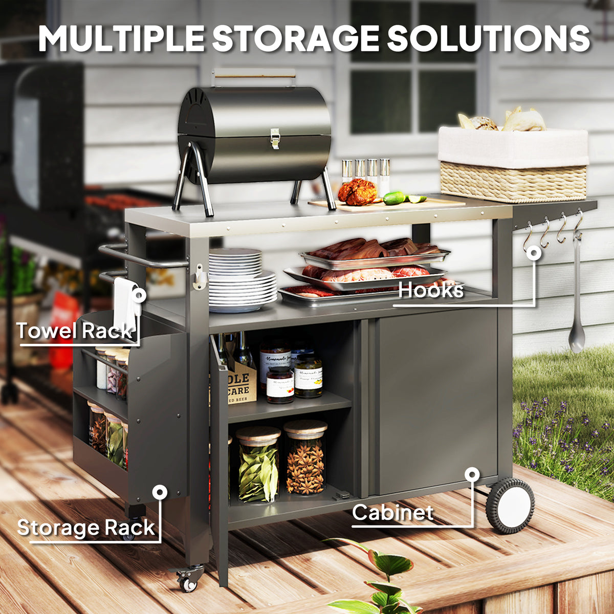 Outdoor Grill Cart Table with Stainless Steel Top, Movable Pizza Oven Table with Foldable Side Table, Wheels