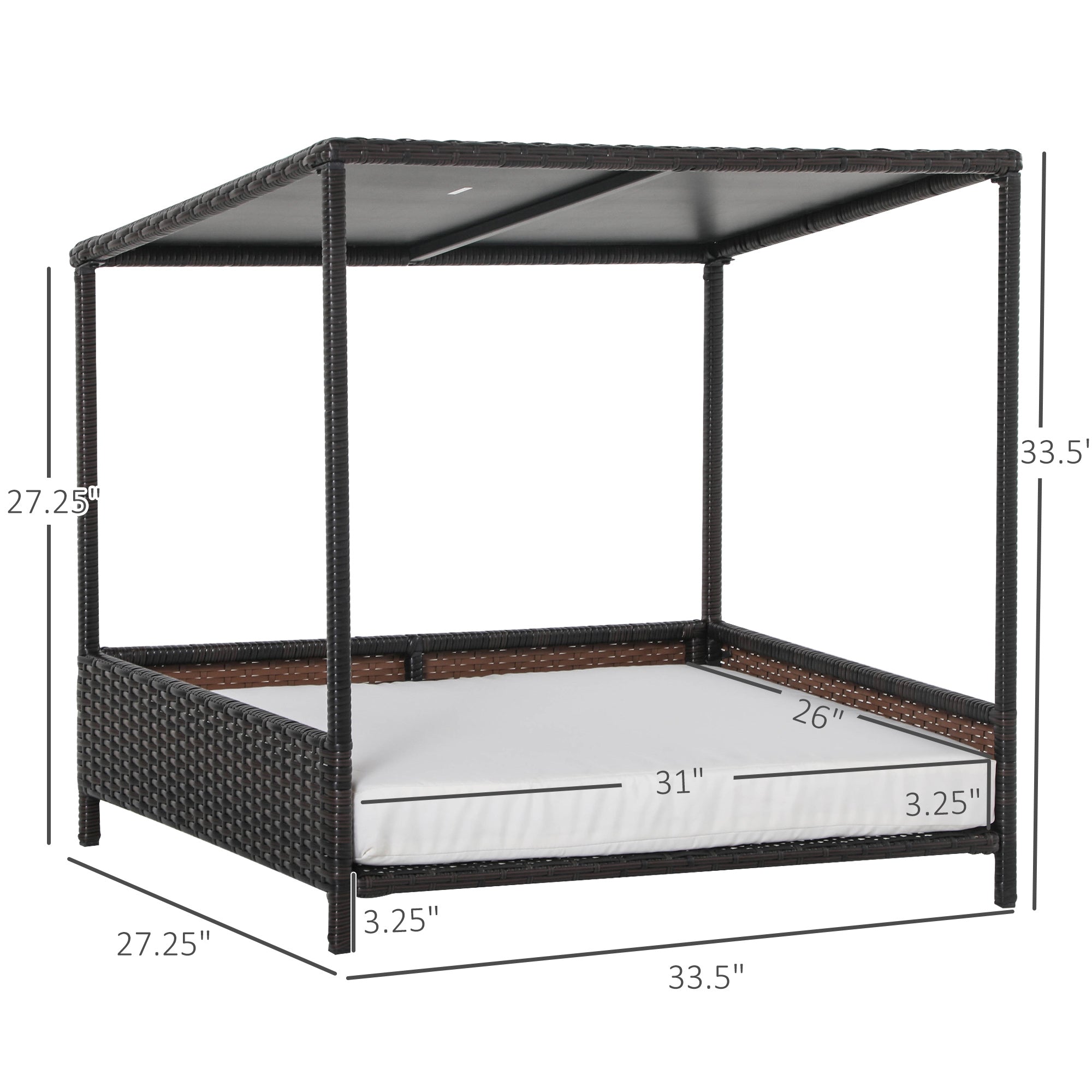 Wicker Dog House Raised Rattan Puppy Bed Cat Shelter for Indoor Outdoor Garden Patio Pet Sofa with Removable Cushion for Medium Sized Pet Brown - Brown and White - Image 3