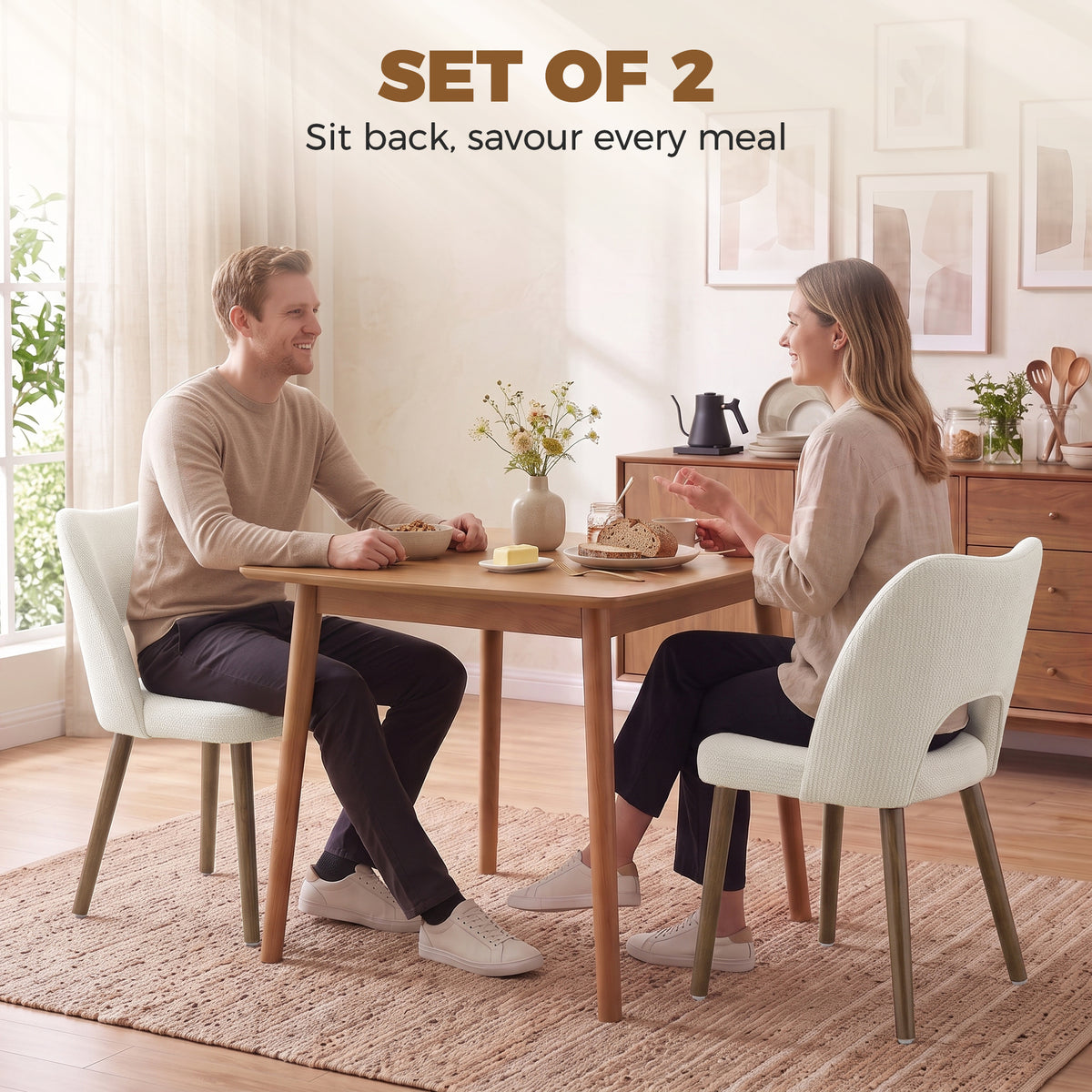 Dining Chairs Set Upholstered Kitchen Chenille Tool Free Assembly Rubberwood Legs, Cream White