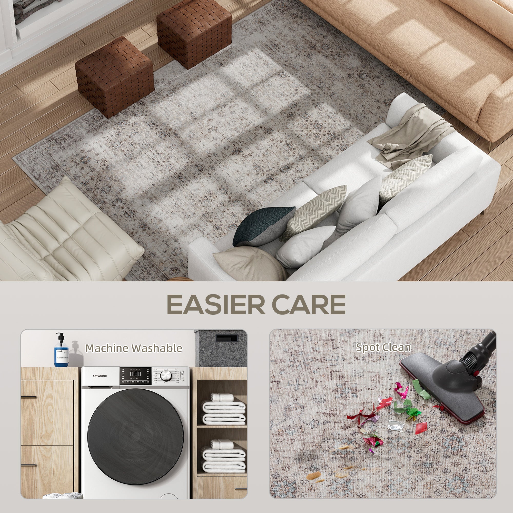 Machine Washable Area Rug 5x7, Non-Slip Traditional Floor Carpet for Living Room, Bedroom, Light Mixed-Brown