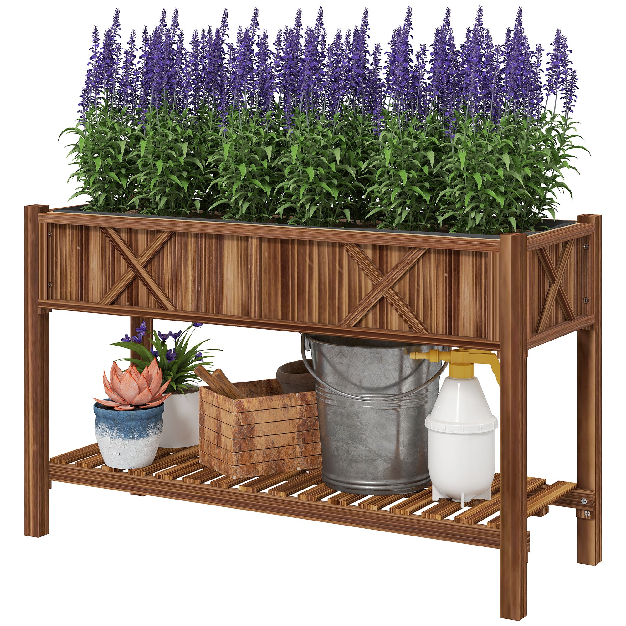 Raised Garden Bed, 47 x 22 x 31.5 in Elevated Wood Planter Box with Storage Shelf, Drainage Holes and Liner, Carbonized - Carbonized
