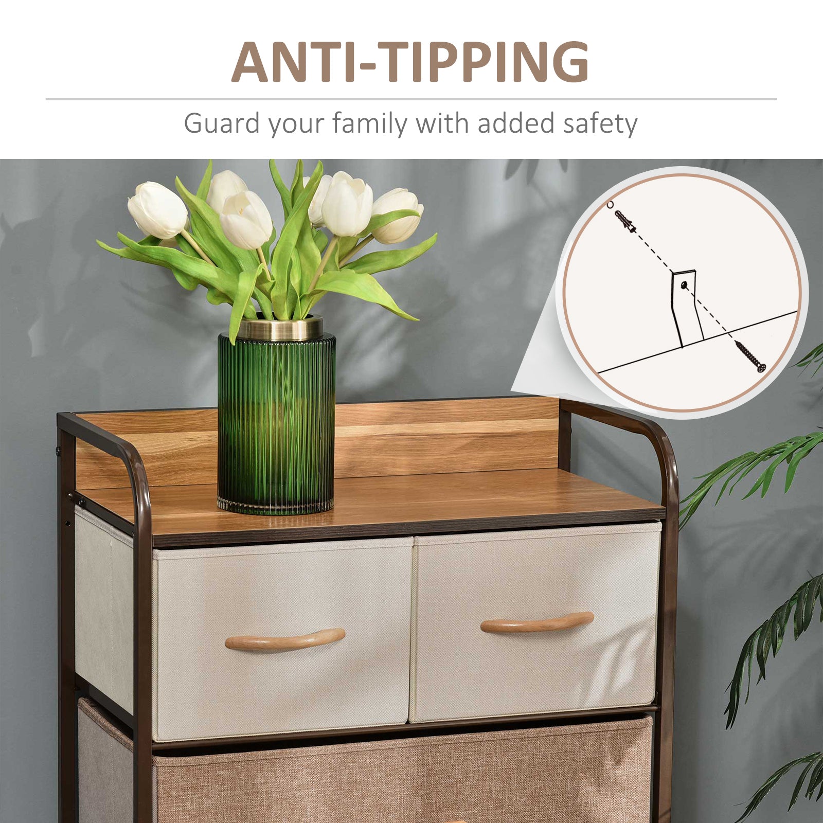 5-Drawer Fabric Dresser Tower, 4-Tier Storage Organizer with Steel Frame for Hallway, Bedroom, and Closet, Maple Wood