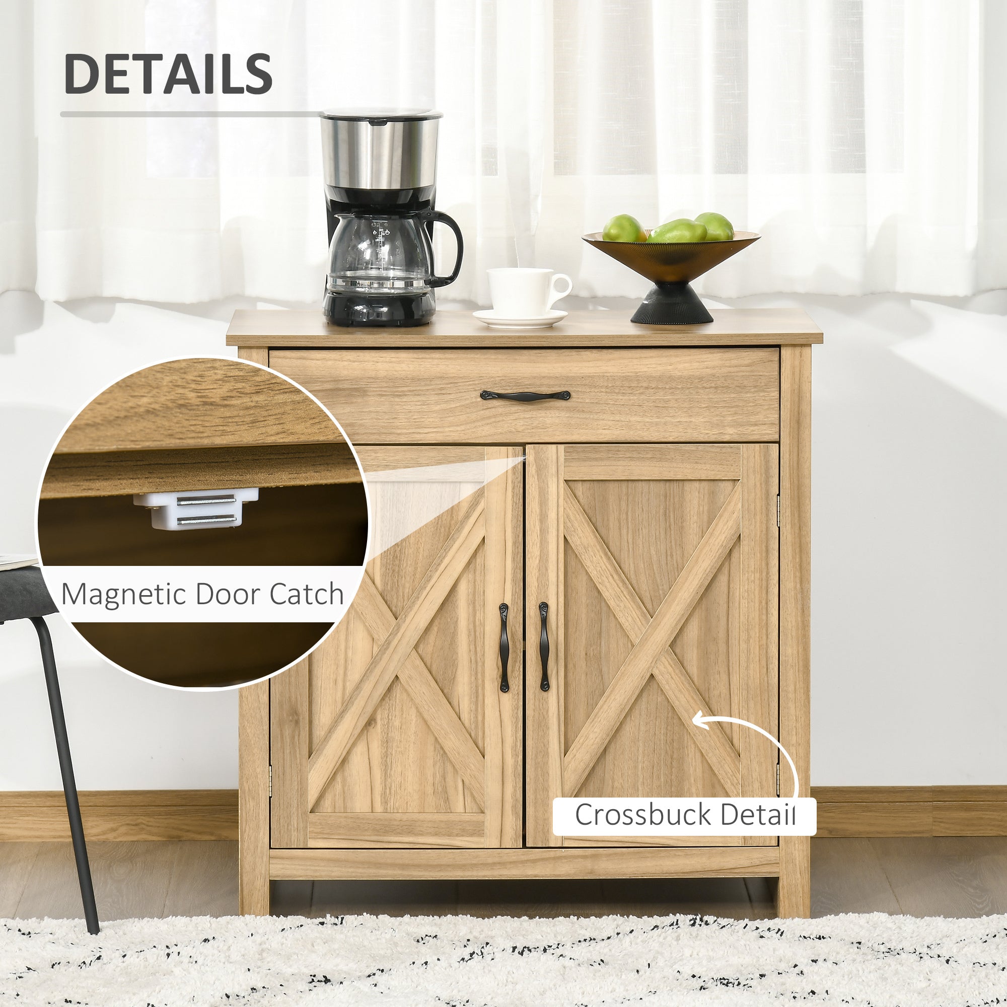Farmhouse Sideboard Buffet Cabinet, Barn Door Coffee Bar Cabinet with Drawer and Adjustable Shelf for Kitchen, Living Room, Entryway, Natural Wood Effect