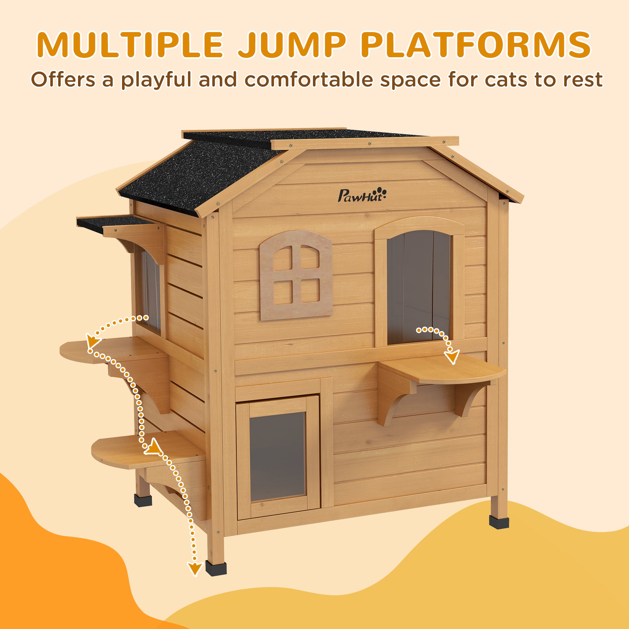 2-story Cat House Outdoor, Weatherproof Wooden Cat Enclosure for Feral Cats with Escape Door, Openable Roof, Jumping Platforms, Natural - Natural Wood - Image 7