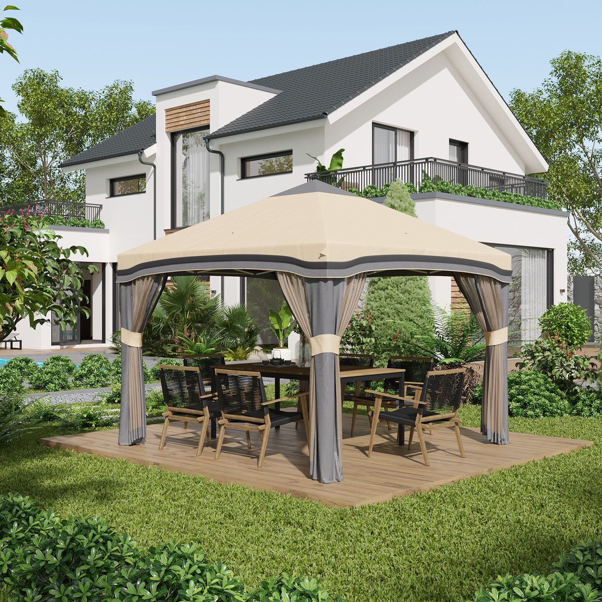 10' x 10' Pop Up Canopy Tent with Netting, Instant Tents for Parties, Height Adjustable, Beige