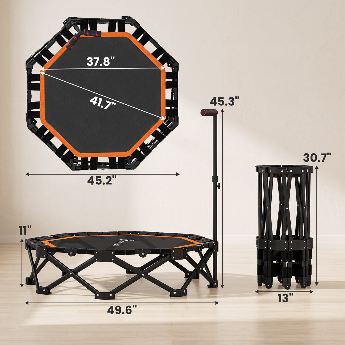 50" Foldable Mini Trampoline for Adults, One-Step Fold & Open, 550LBS Capacity, 3-Level Adjustable Handle, Orange