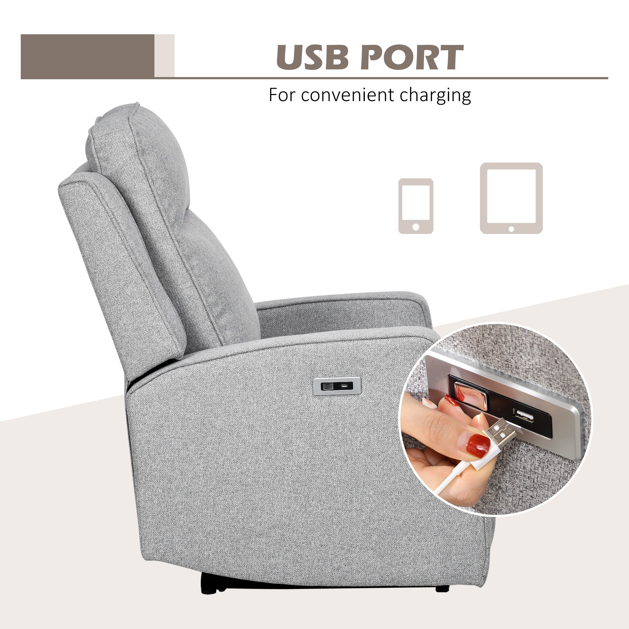 Electric Power Recliner, Wall Hugger Armchair with USB Charging Station, Sofa Recliner with Linen Upholstered Seat and Retractable Footrest, Gray