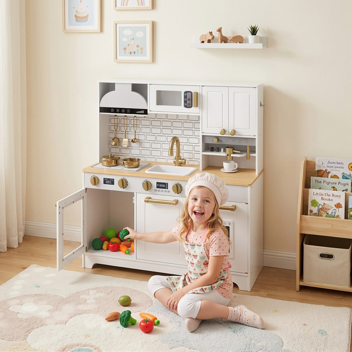 Qaba Play Kitchen, Kids Kitchen Playset with Coffee Maker, Ice Maker, Clicking Knobs, Storage, Accessories for 3-8 Years