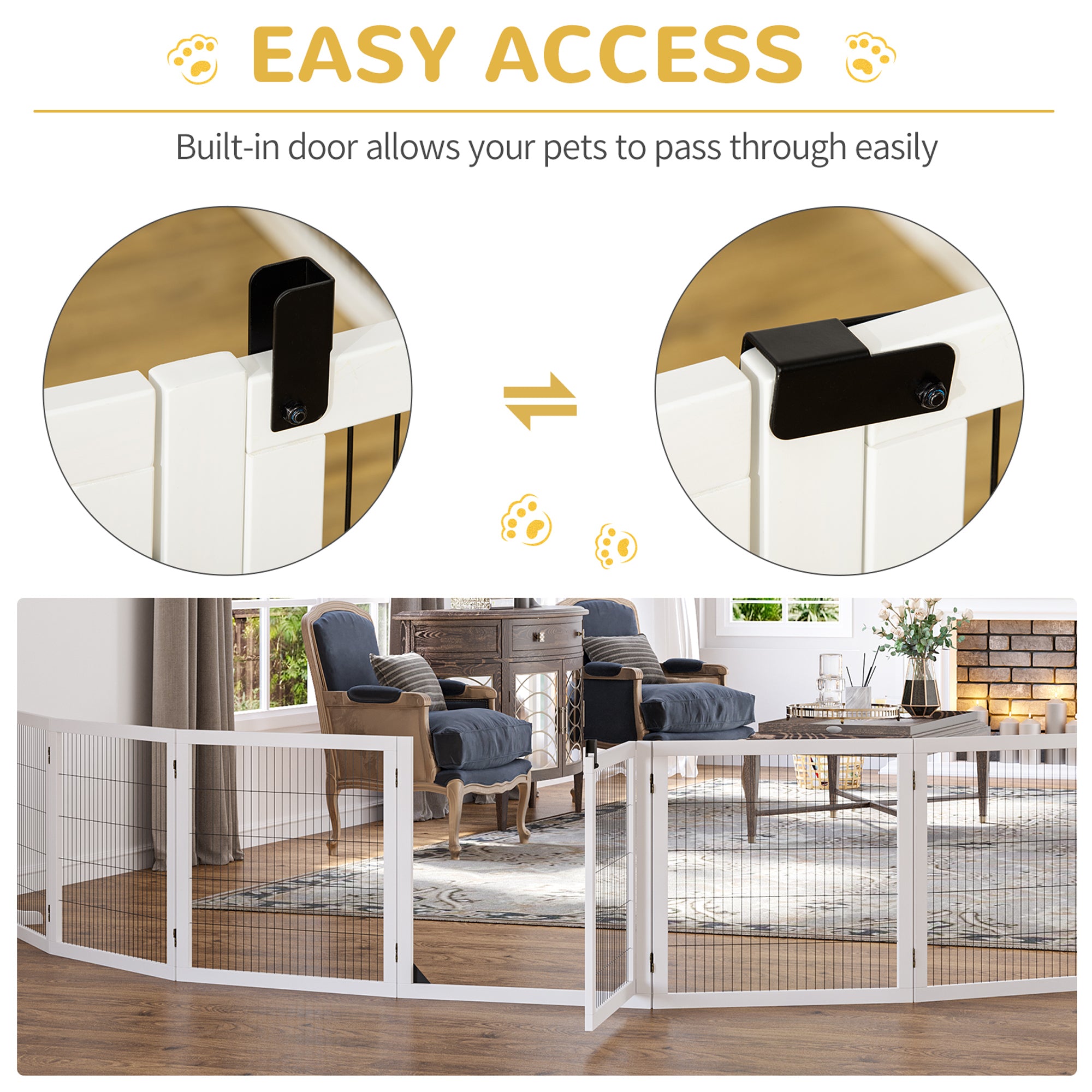 Wooden Pet Gate, 6-Panel Folding Dog Safety Barrier with Support Feet for Small & Medium Dogs, White - White - Image 4