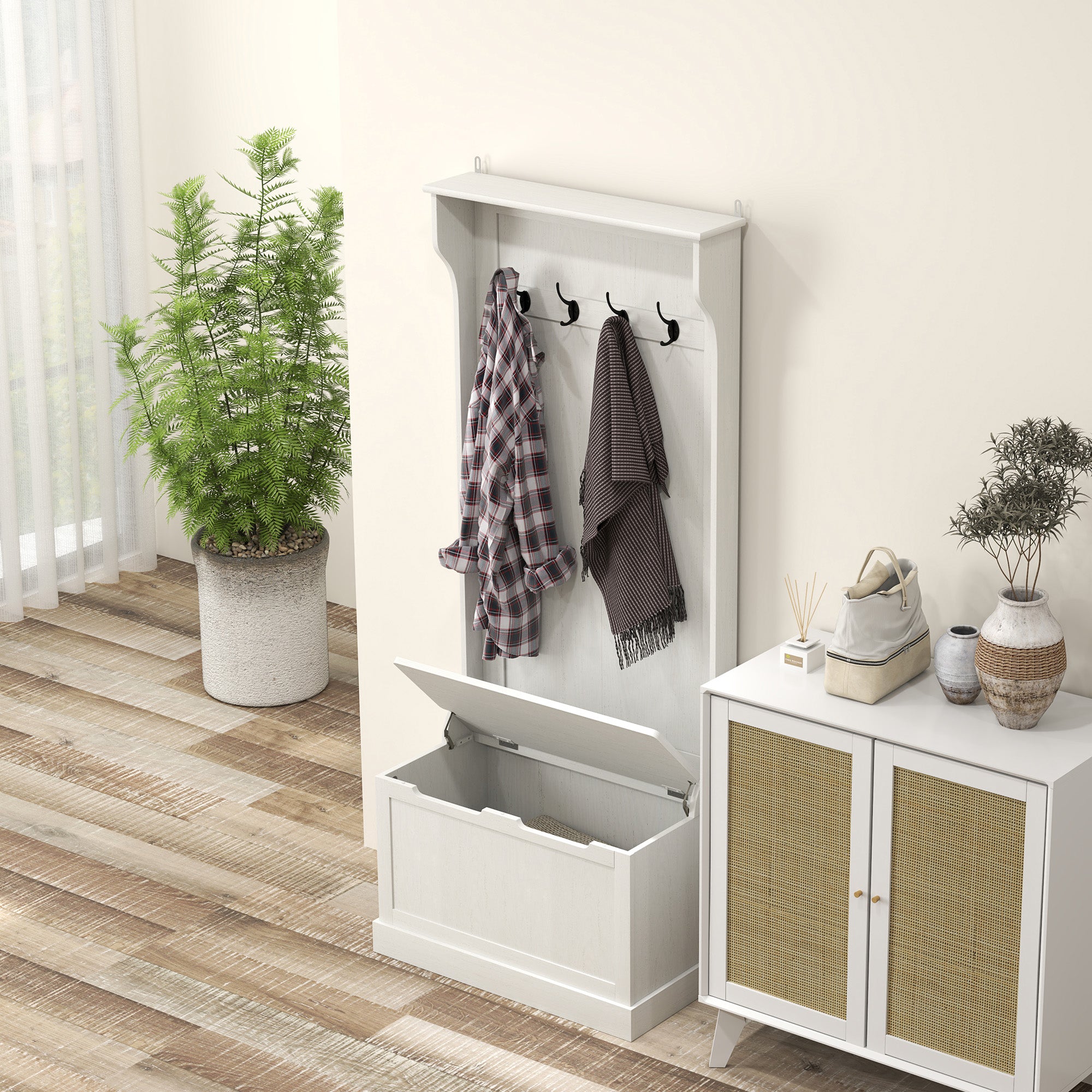 Hall Tree with Coat Rack, Storage, and Sitting Bench, Cream White