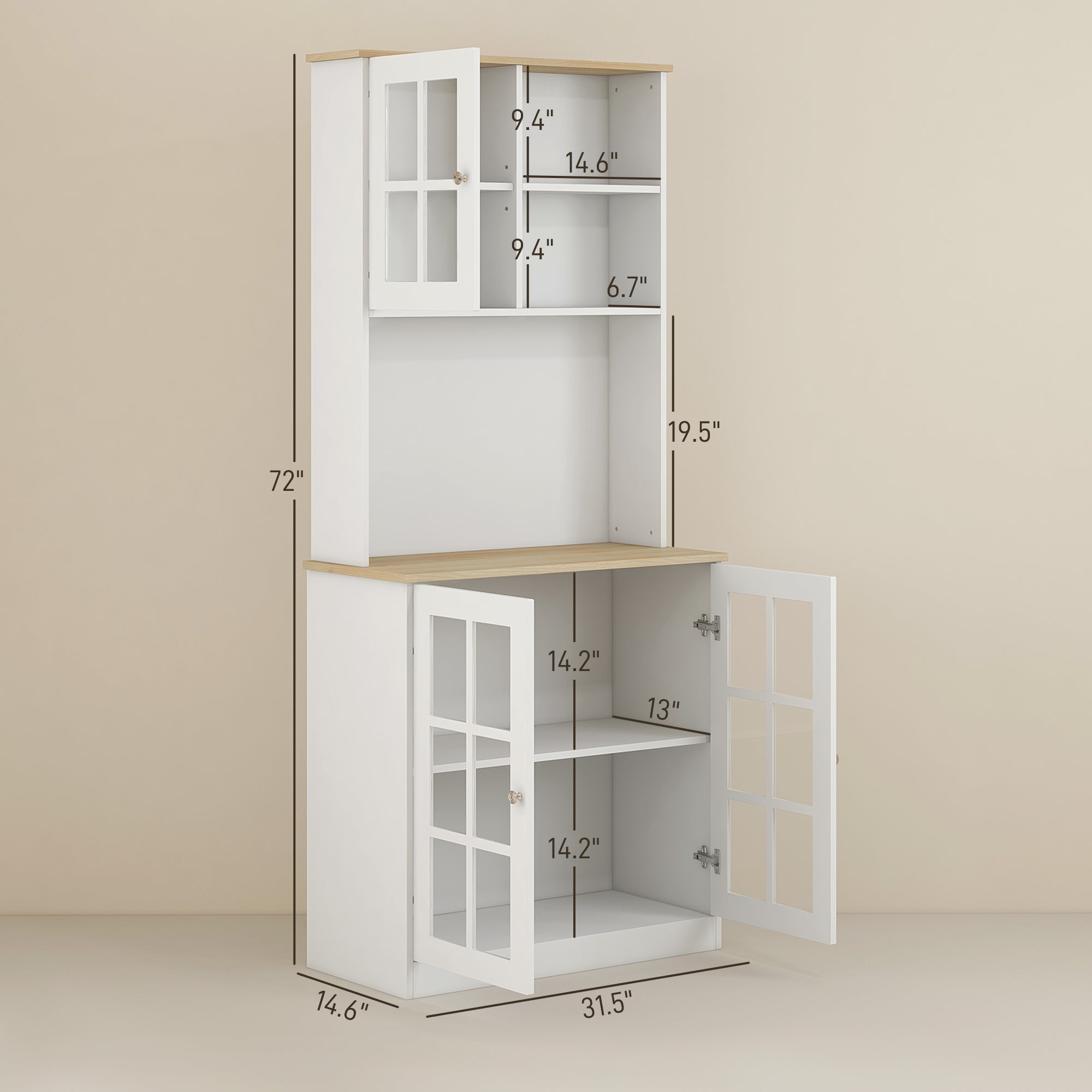 Kitchen Pantry Cabinet, 72" Freestanding Storage Cabinet with Hutch, Large Countertop, Glass Doors and Adjustable Shelves, Microwave Cabinet, Coffee Bar Cabinet for Dining Room, White