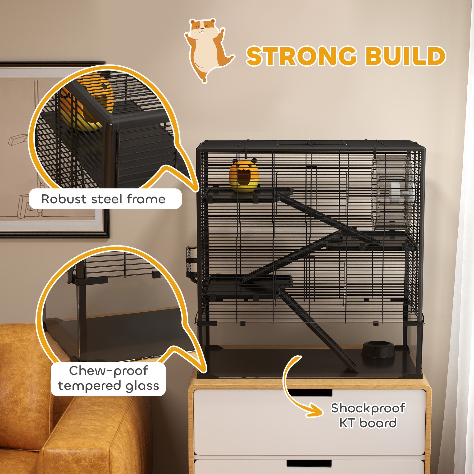 4 Tier Hamster Cage with Deep Tempered Glass Bottom, Running Wheel, Hut, Water Bottle, Food Dish, 31" x 19" x 31.5" - Black - Image 7