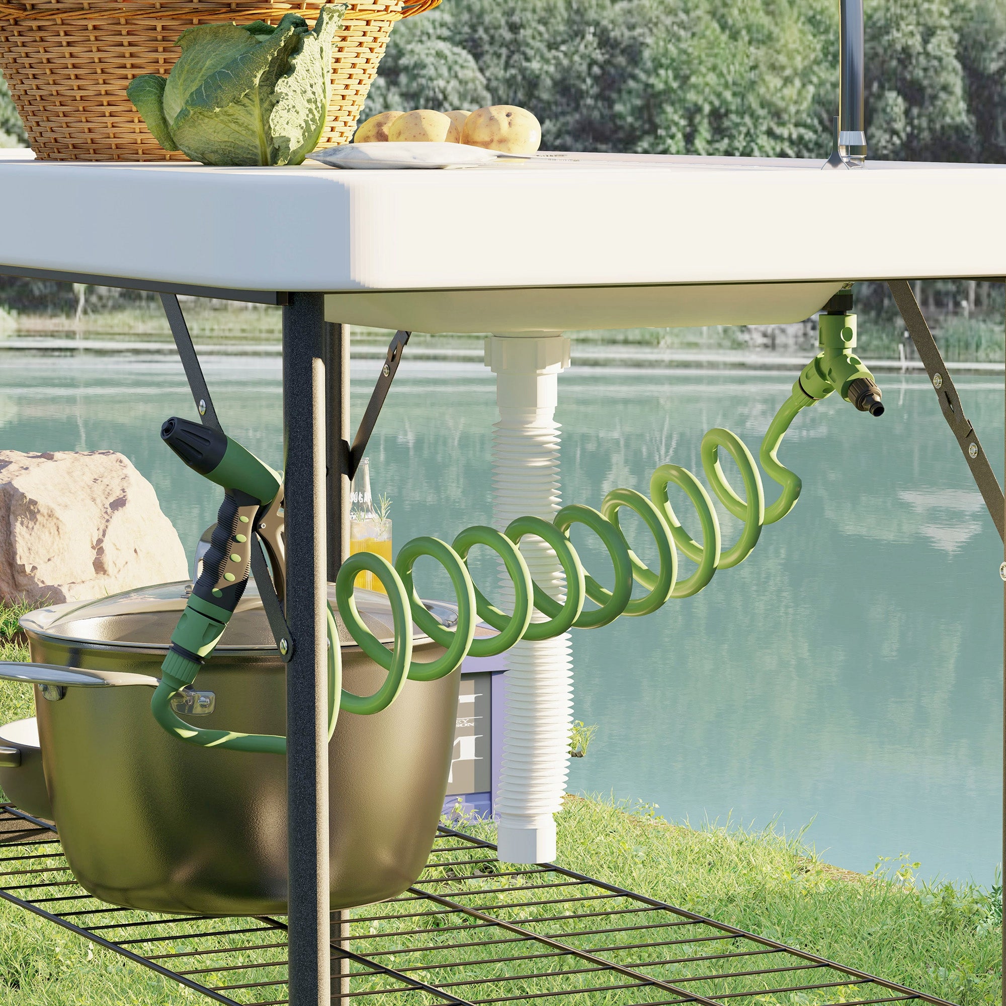Folding Fish Cleaning Table with Sink, Portable Camping Table with Faucet, Drainage Hose, Sprayer and Shelf, White