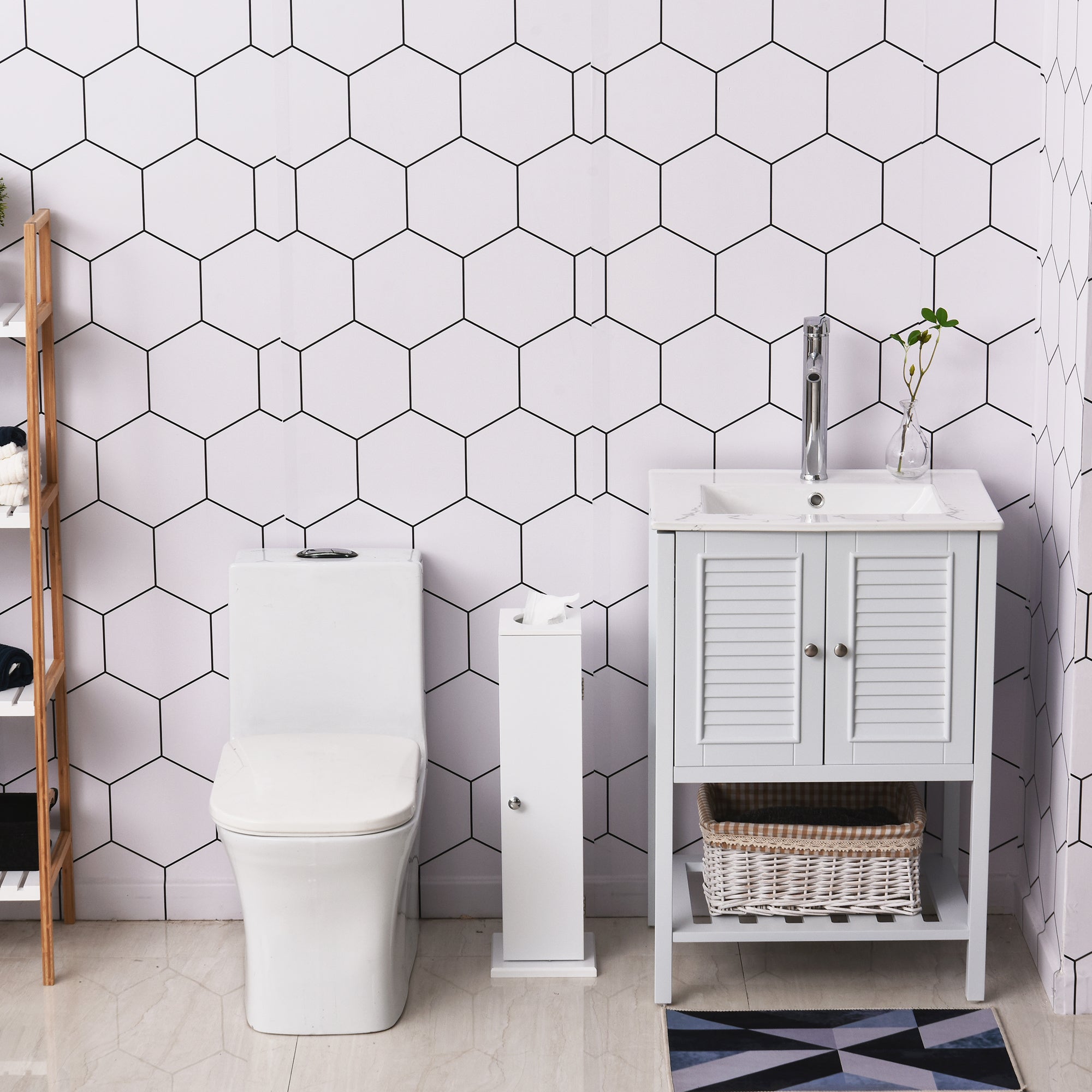 Small Toilet Paper Cabinet, Bathroom Corner Cabinet with Doors and Shelves for Paper Shampoo, White