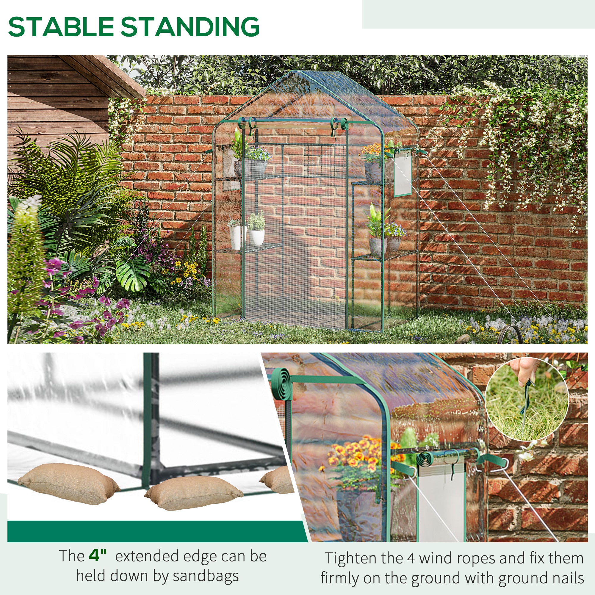 Outdoor Walk-in Mini Greenhouse with Mesh Door & Windows, Small Portable Garden Green House with 3 Tiers 6 Shelves, Trellis, & Plant Labels - Clear - Image 7