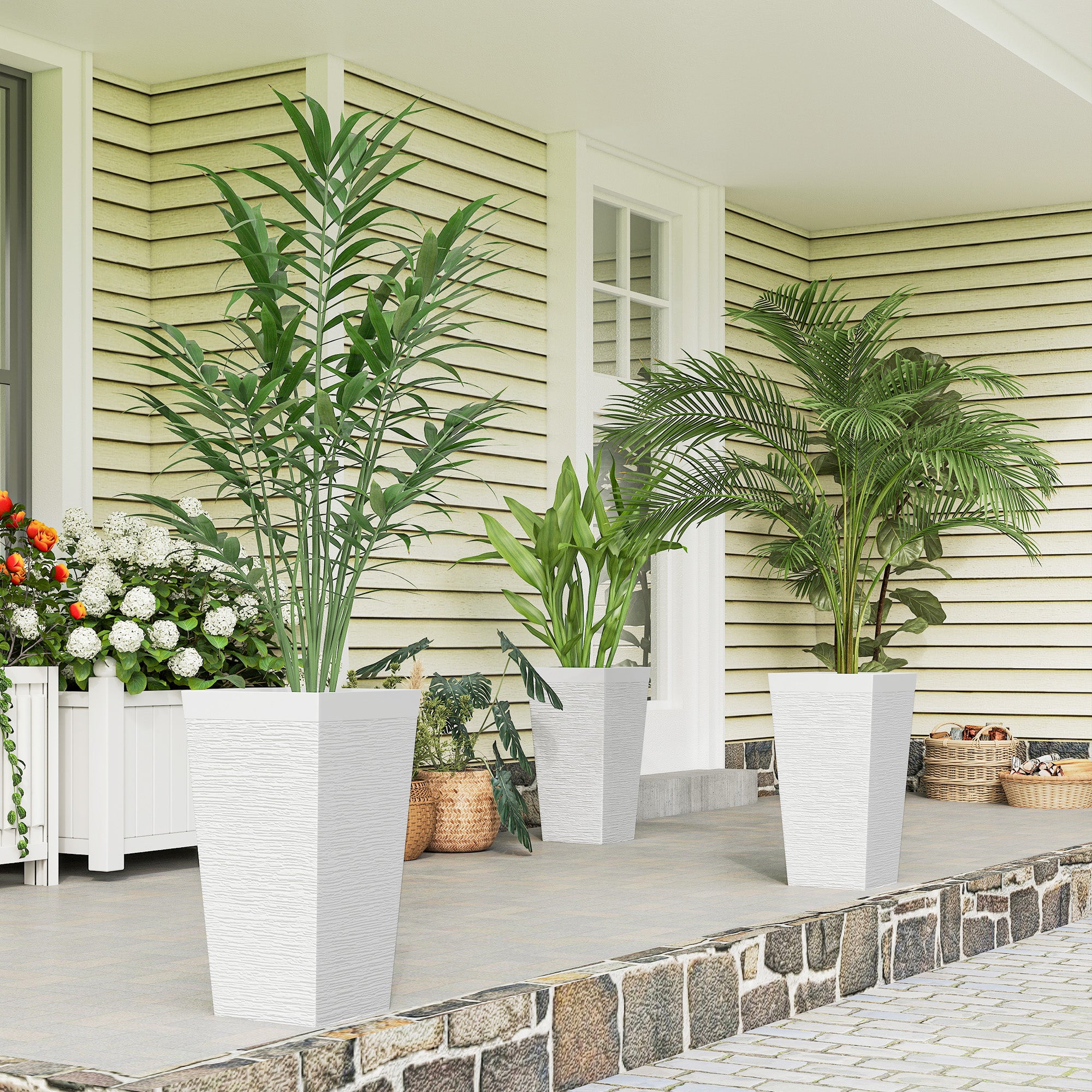 22.8 Inch Set of 3 Outdoor Planters with Stone Finish and Wheels, Stackable Tapered Planters with Drainage Hole, White - White - Image 2