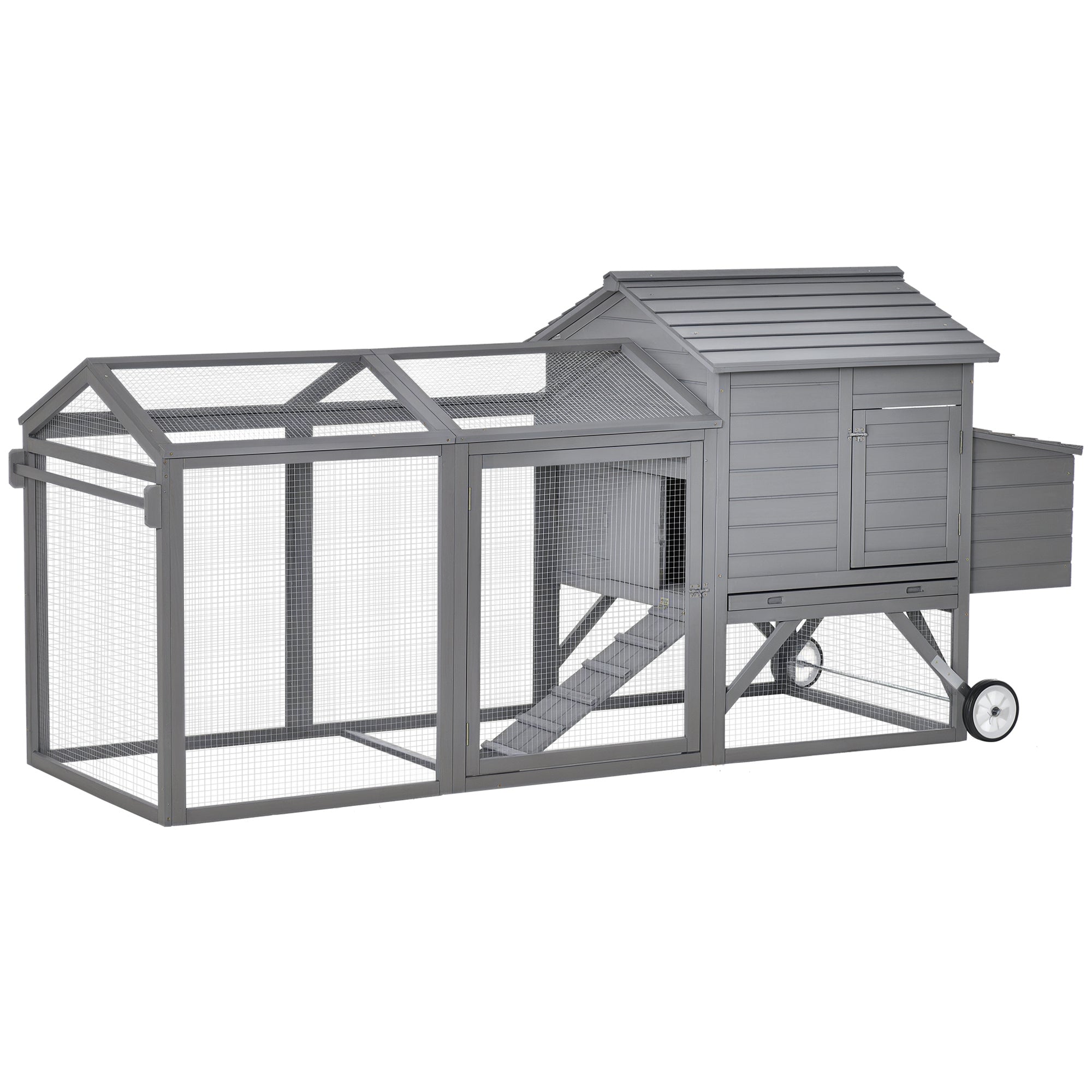96.5" Chicken Coop Wooden Hen House Poultry Cage Pen Portable with Wheels and Nesting Box, Chicken Cage for Backyard Outdoor, Gray - Grey
