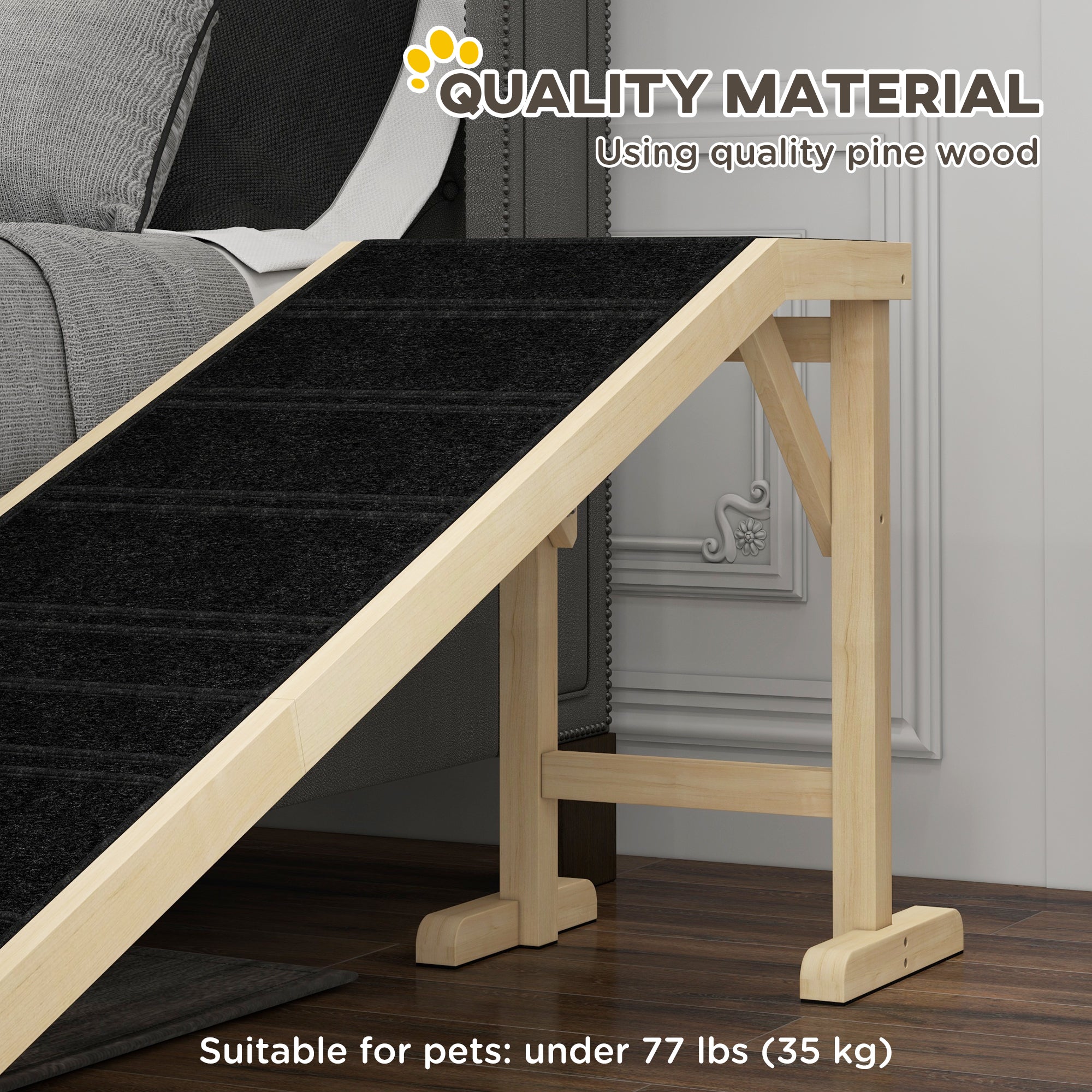 Dog Ramp for Bed, Pet Ramp for Dogs with Non-Slip Carpet and Top Platform, 74" x 16" x 25", Natural - Natural Wood - Image 4