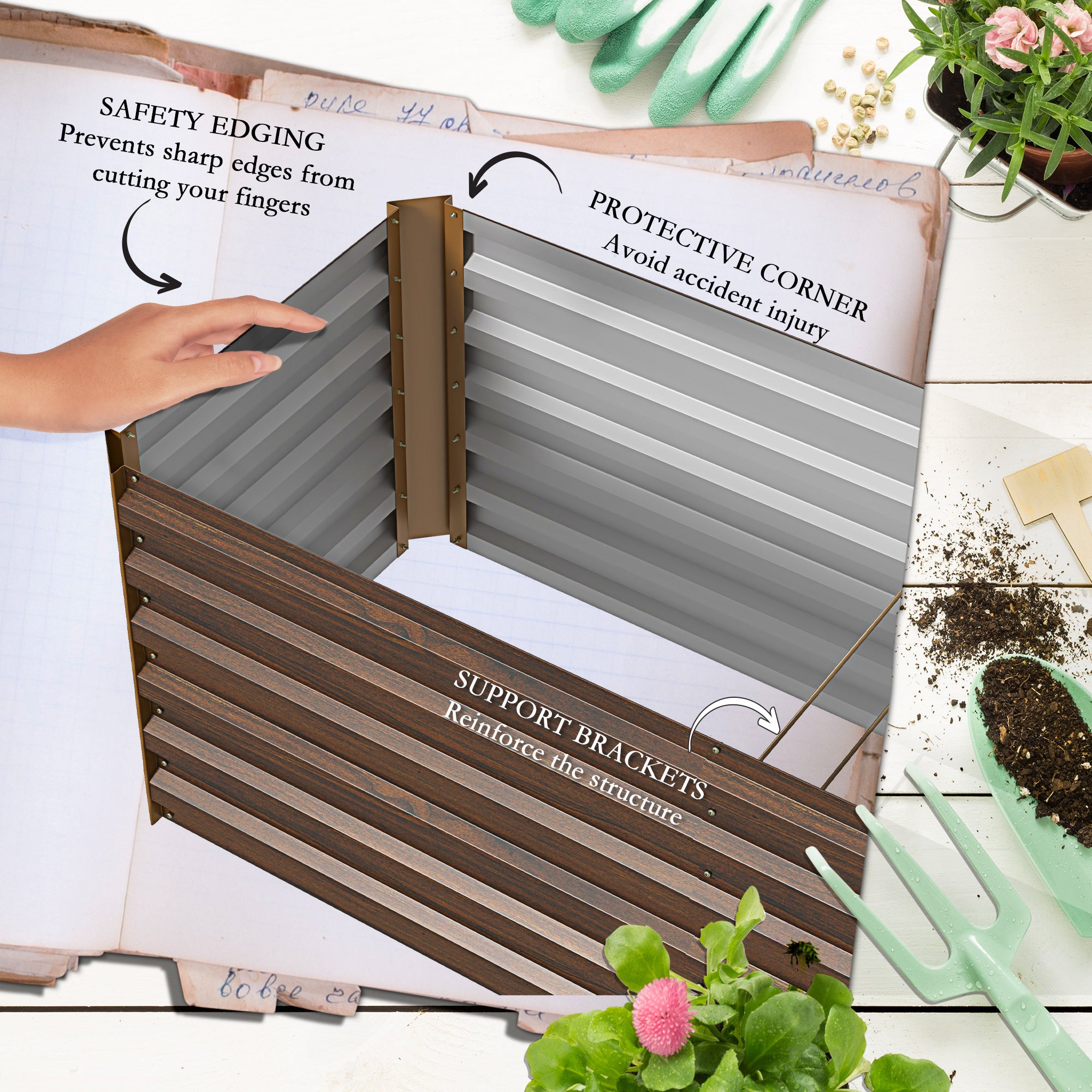 8x2x2ft Galvanized Raised Garden Bed Kit with Safety Edging for Flowers, Herbs and Vegetables, Dark Brown - Brown - Image 6