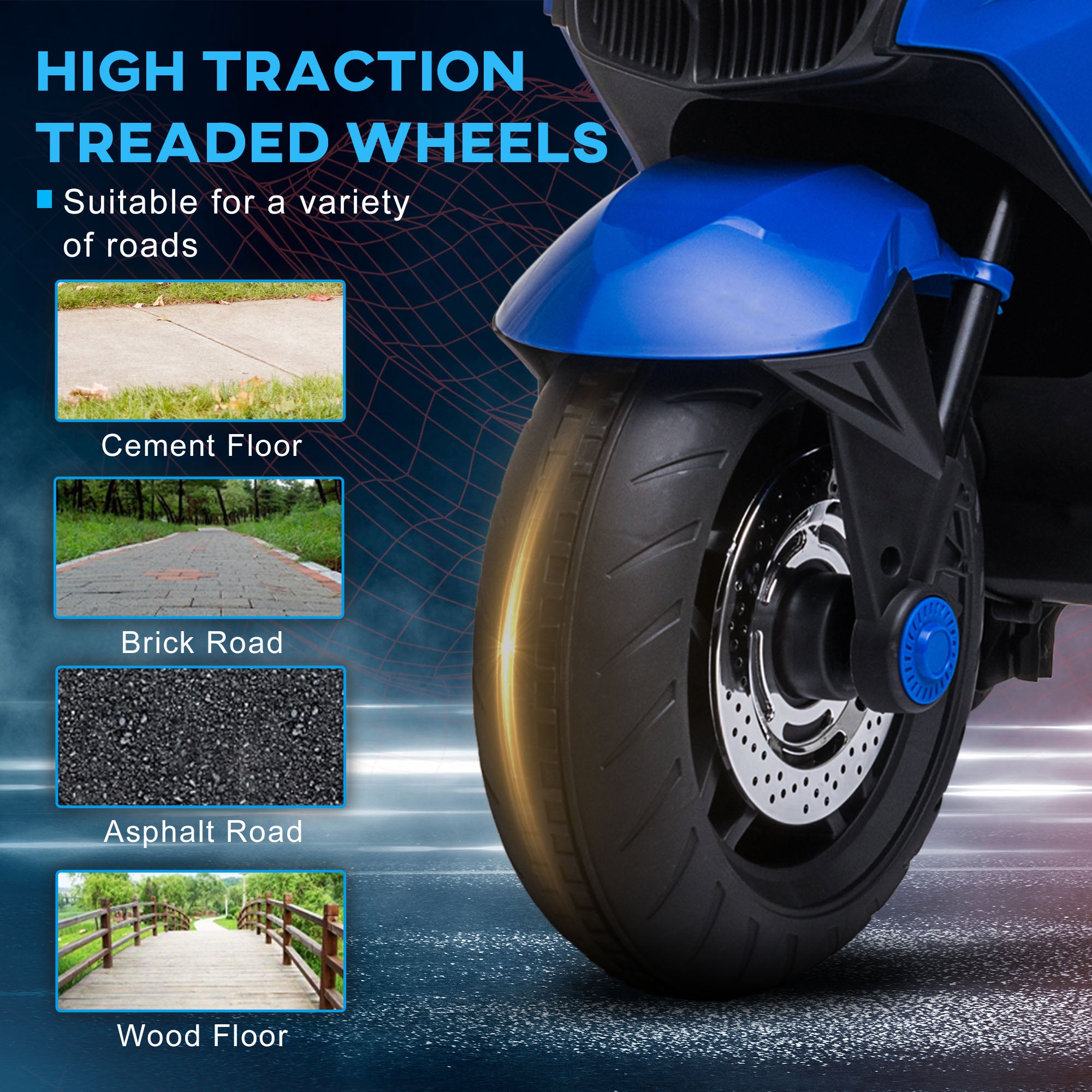 12V Kids Electric Motorcycle with Training Wheels, Battery Power Ride on Motorbike, High-Traction at 3.7 Mph Top Speed, with Light Music, Blue