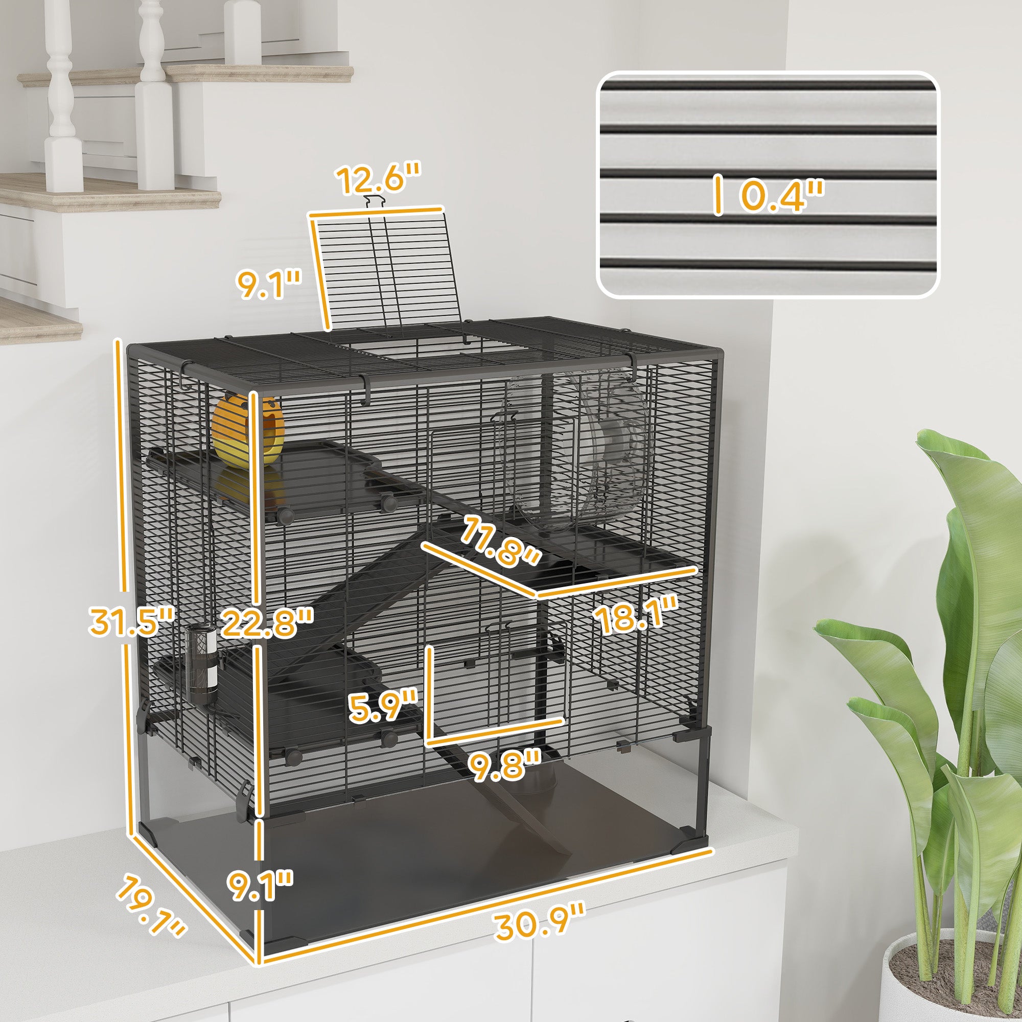 4 Tier Hamster Cage with Deep Tempered Glass Bottom, Running Wheel, Hut, Water Bottle, Food Dish, 31" x 19" x 31.5" - Black - Image 3