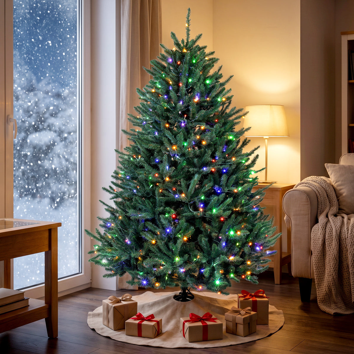6ft Prelit Christmas Tree, Colorado Blue Spruce, Easy Plug, Hinged Xmas Tree with Warm White & Multi-Color LED Lights