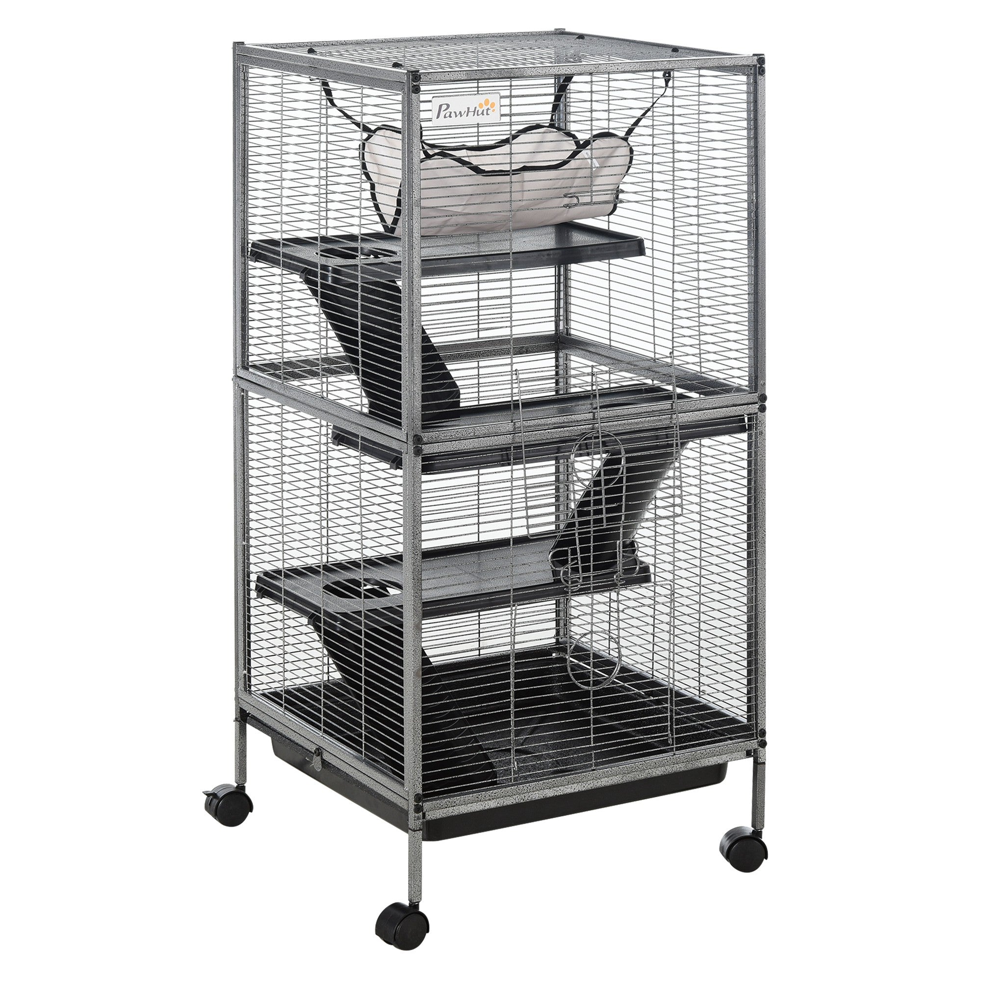 Metal Small Animal Cage Rolling Big Ferret Cage, Chinchilla Cage, Sugar Glider Cage, with Hammock & 4 Tiers, Removable Tray, Gray - Gray