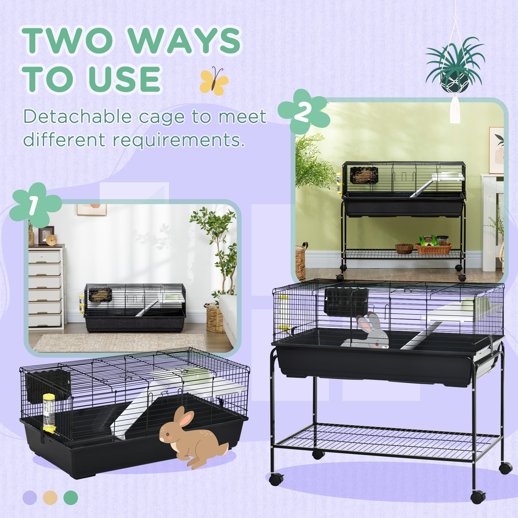 Two-Story Small Animal Cage Removable from Stand, Guinea Pig Cage with Shelf & Wheels, Pet Habitat for Hedgehog, Chinchilla, Ferret, 39" x 20.5" x 36.5", Black - Grey - Image 4