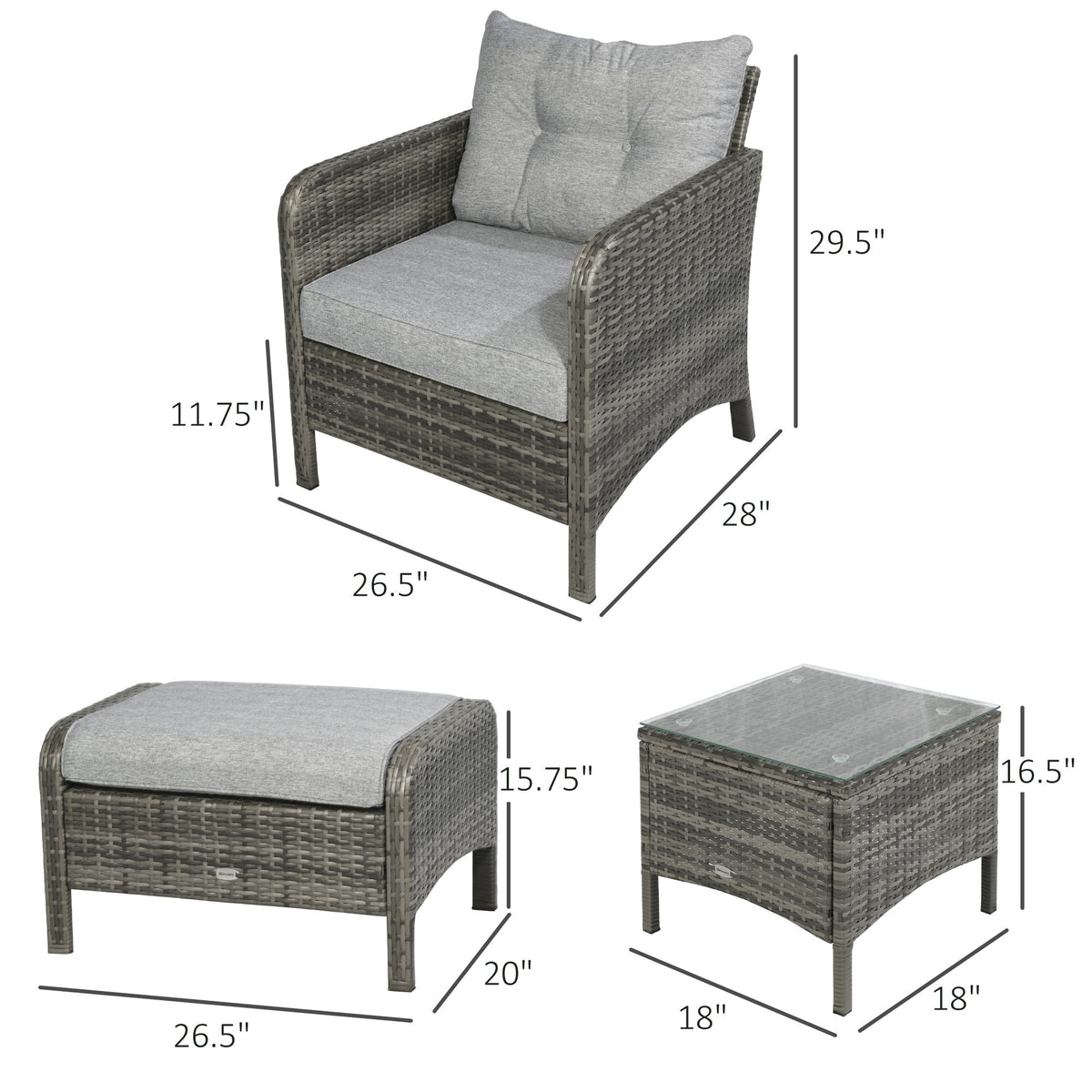 5 Pieces Rattan Wicker Lounge Chair Outdoor Patio Conversation Set with 2 Cushioned Chairs, 2 Ottomans and Tempered Glass Top Coffee Table, Gray/Light Gray