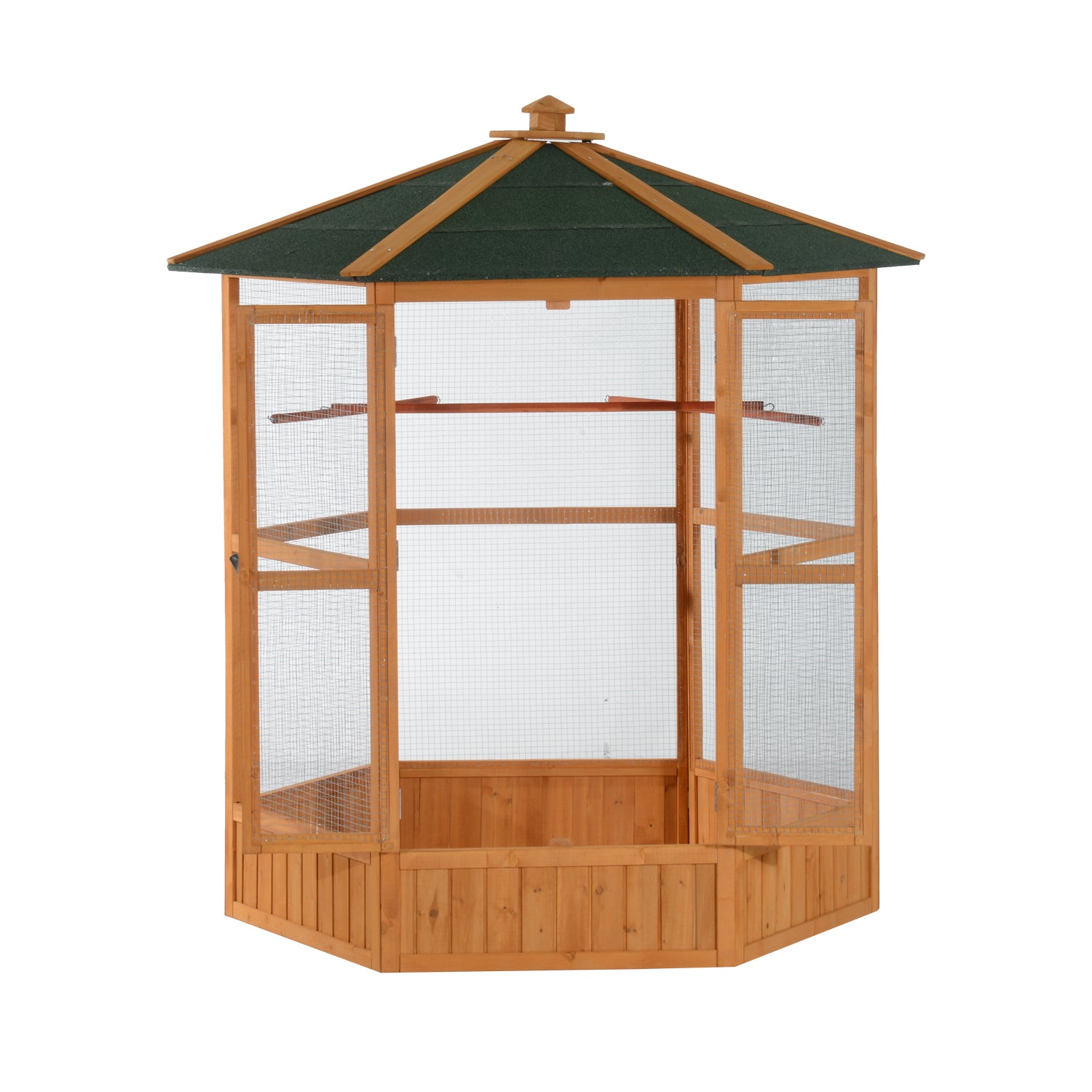 69" Wooden Hexagonal Outdoor Aviary Flight Bird Cage With Covered Roof, Brown - Brown