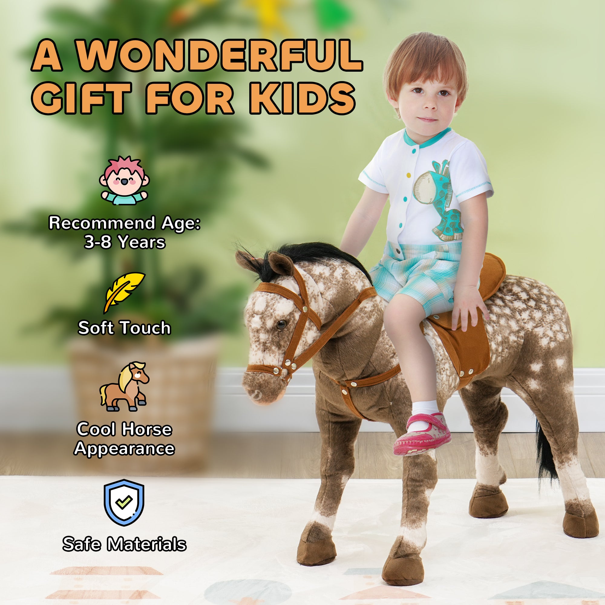 Kids Ride on Horse with Neighing Sound, Saddle for Ages 3-8