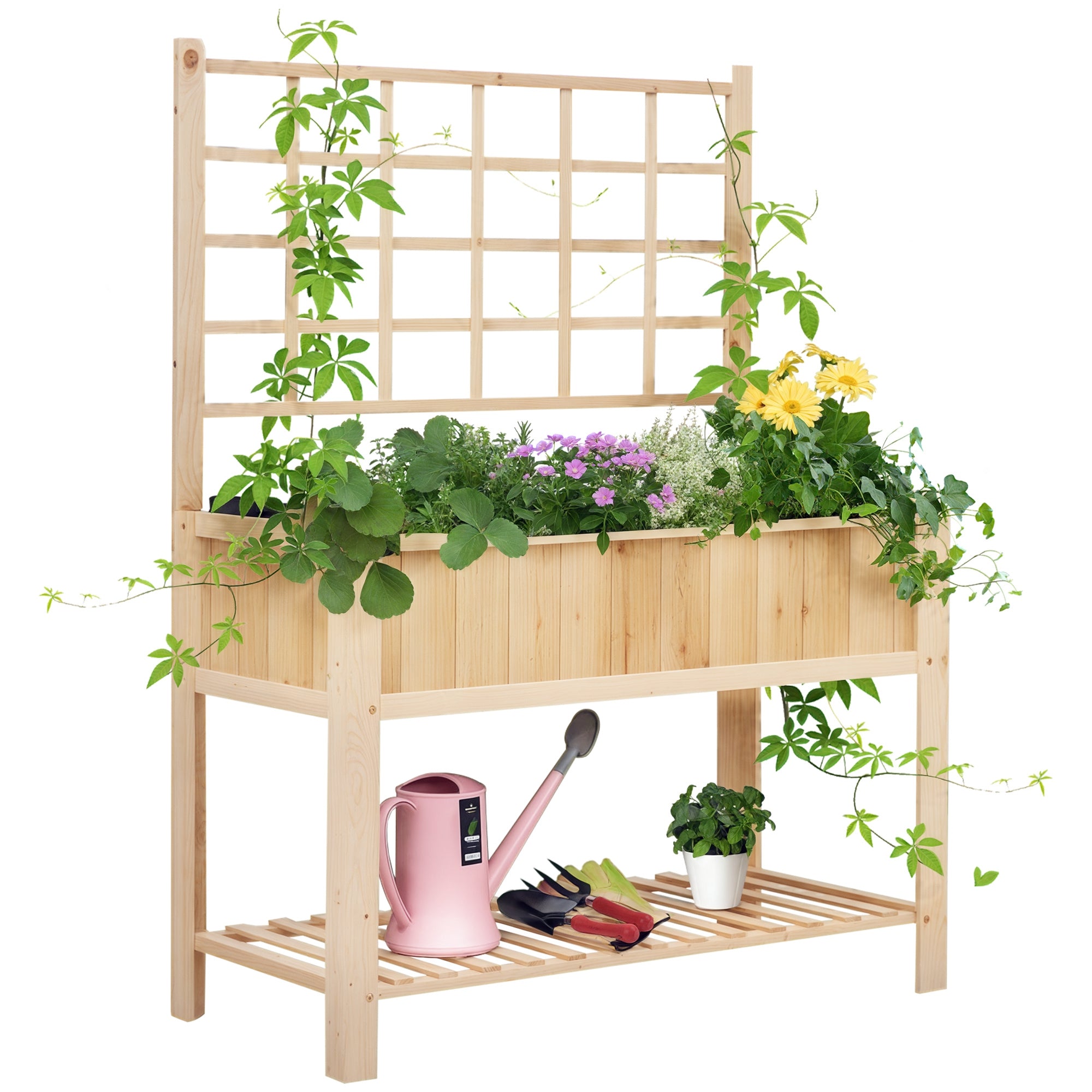 47'' Wooden Raised Garden Bed with Trellis, Coutryside Style Elevated Planter Box Stand with Open Storage Shelf, Spacious Planting Area for Vegetables, Herbs, Flowers - Natural