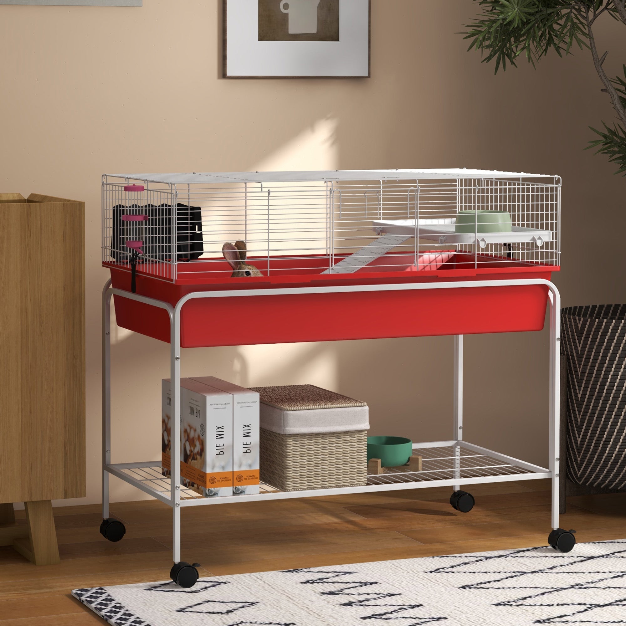 Two-Story Small Animal Cage Removable from Stand, Pet Habitat with Shelf & Wheels, 39" x 20.5" x 36.5", Red - Red - Image 2