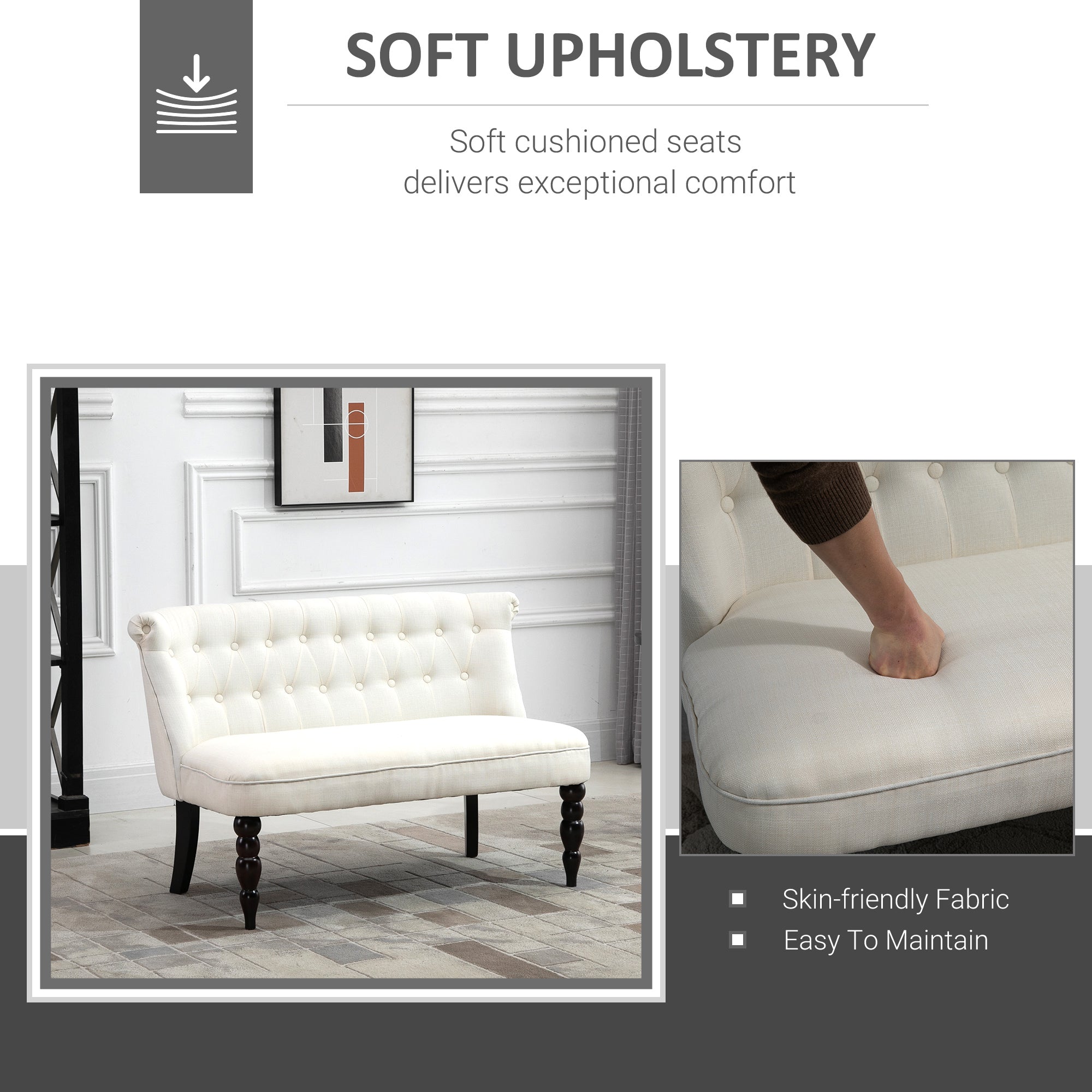 Upholstered Armless Fabric Loveseat with Button Tufted Design for Living Room with Wood Legs, Cream White