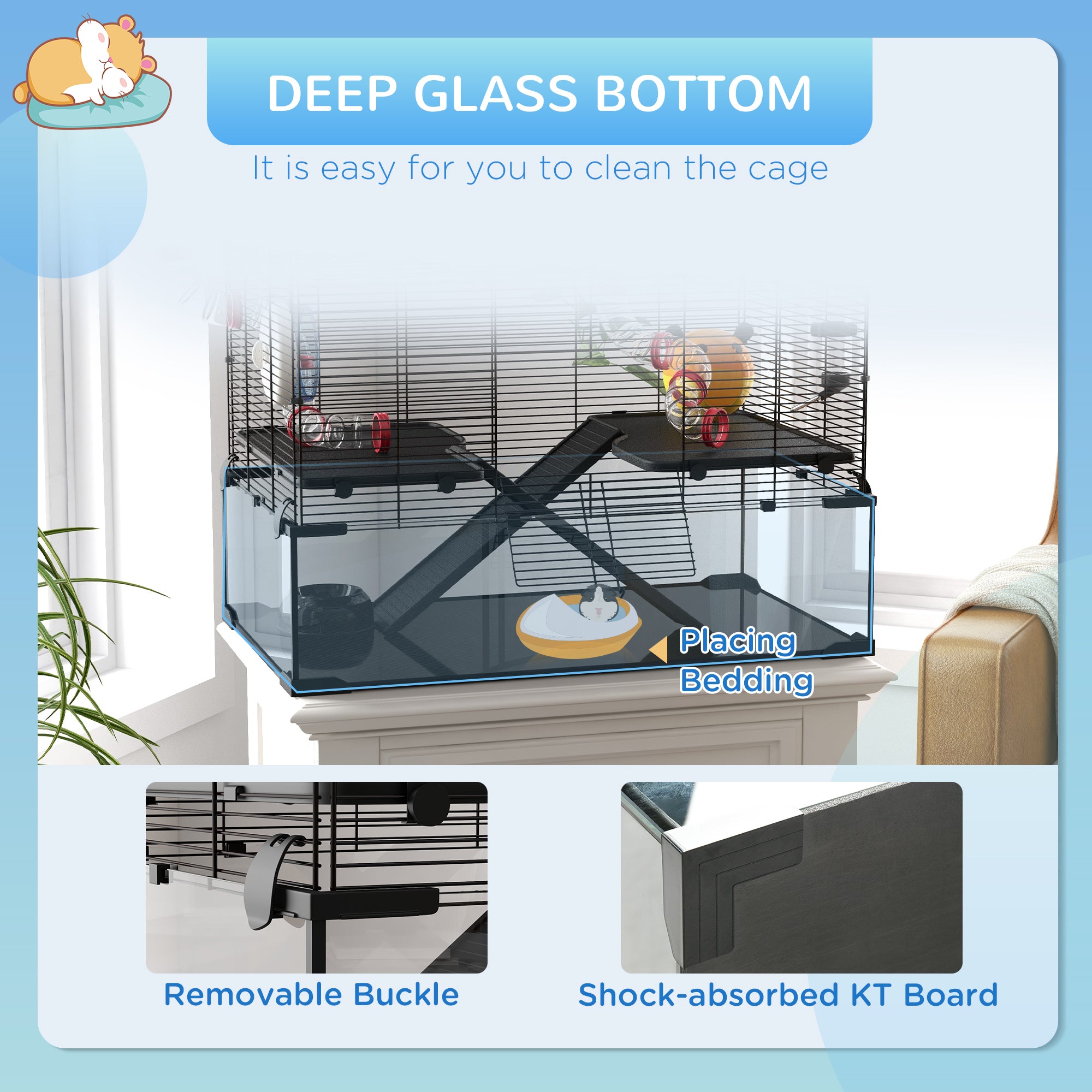 31" Hamster Cage with Tube and Tunnel, Deep Glass Bottom - Black - Image 6
